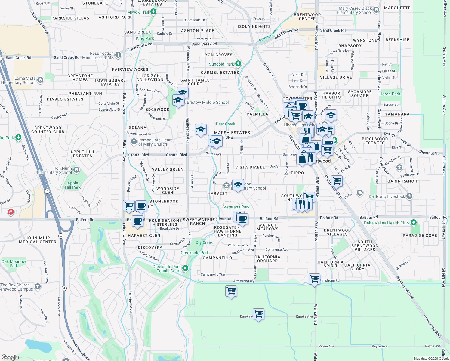 map of restaurants, bars, coffee shops, grocery stores, and more near 531 Sarah St in Brentwood