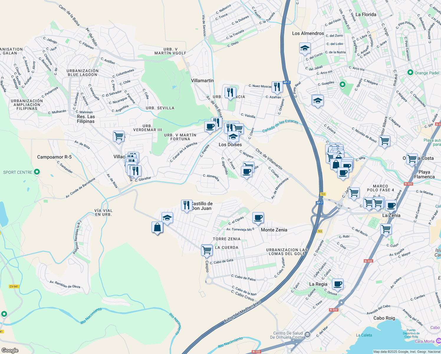 map of restaurants, bars, coffee shops, grocery stores, and more near Urbanización Pau 4 los Dolses in Orihuela