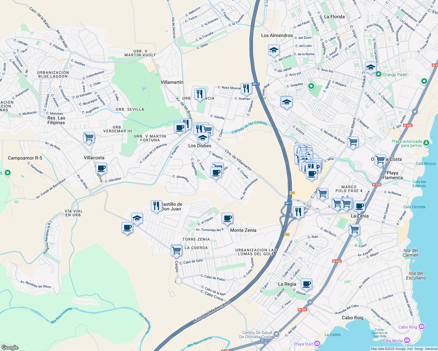 map of restaurants, bars, coffee shops, grocery stores, and more near 9 Avenida Cartagena in Orihuela