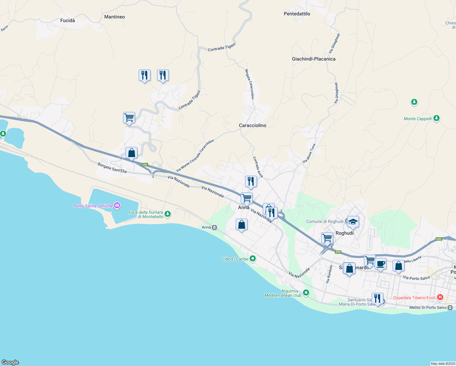 map of restaurants, bars, coffee shops, grocery stores, and more near Traversa Via Notaro in Melito di Porto Salvo