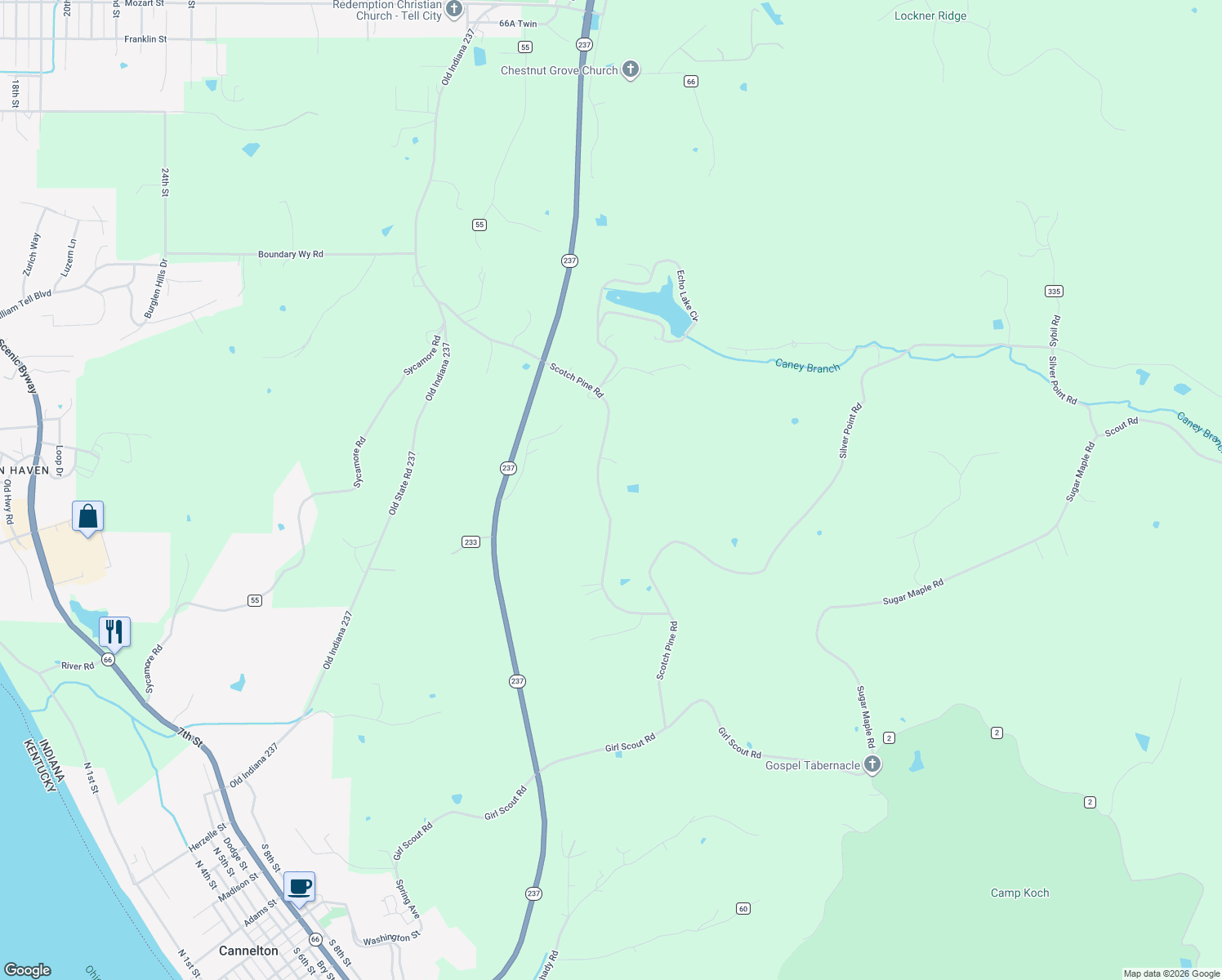map of restaurants, bars, coffee shops, grocery stores, and more near 6359-6499 Scotch Pine Road in Cannelton