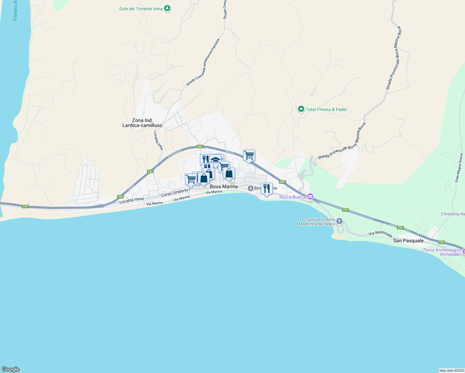 map of restaurants, bars, coffee shops, grocery stores, and more near Via Umberto I in Bova Marina