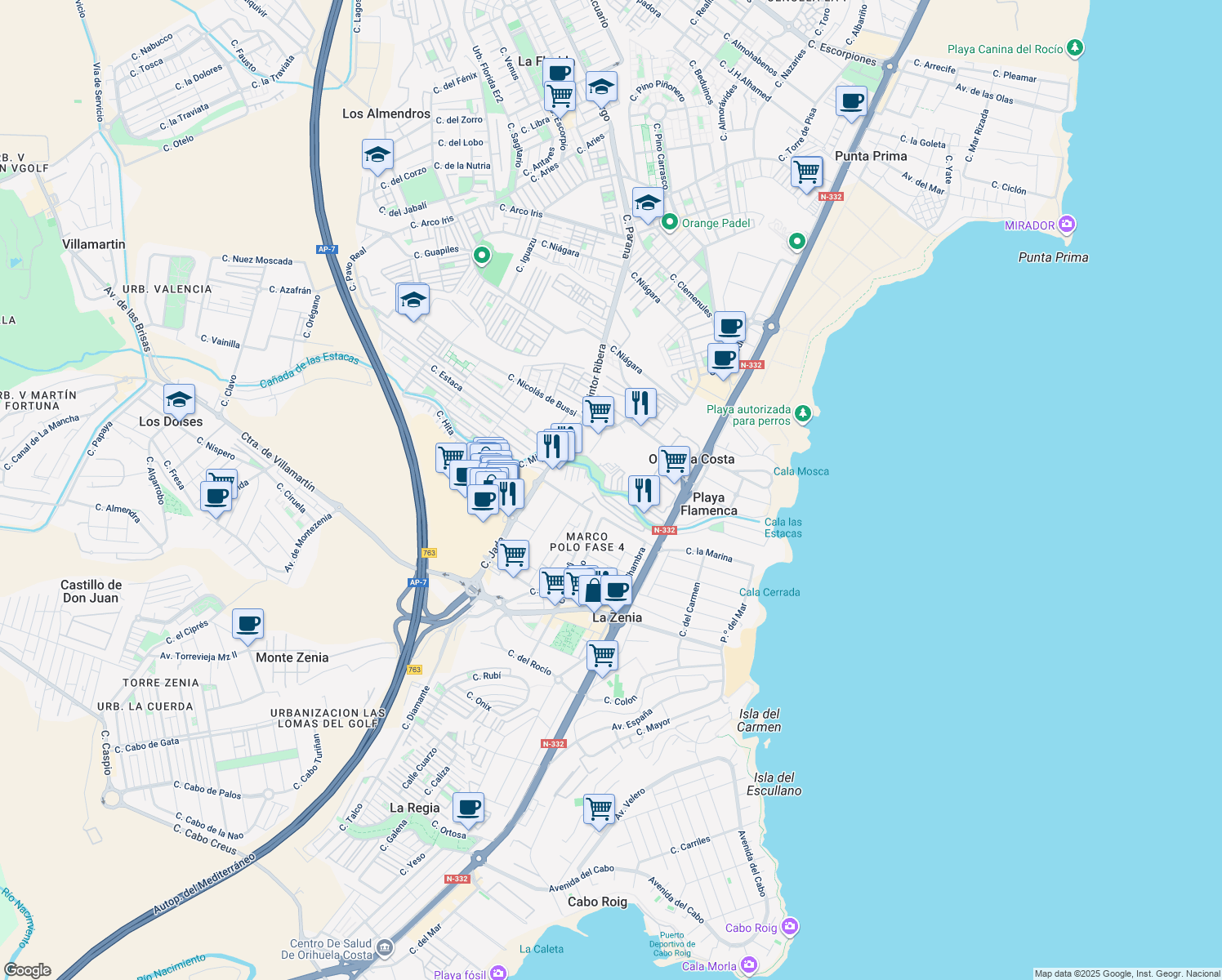 map of restaurants, bars, coffee shops, grocery stores, and more near Calle Jalón in Orihuela