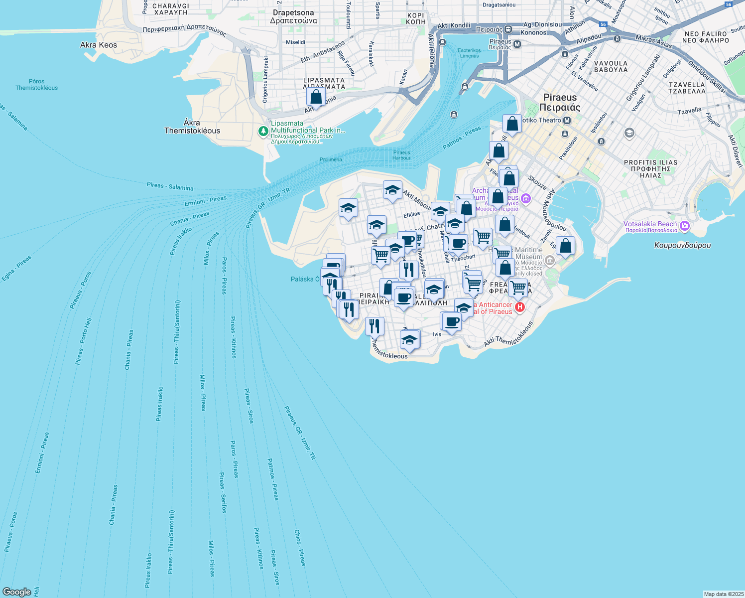 map of restaurants, bars, coffee shops, grocery stores, and more near in Piraeus