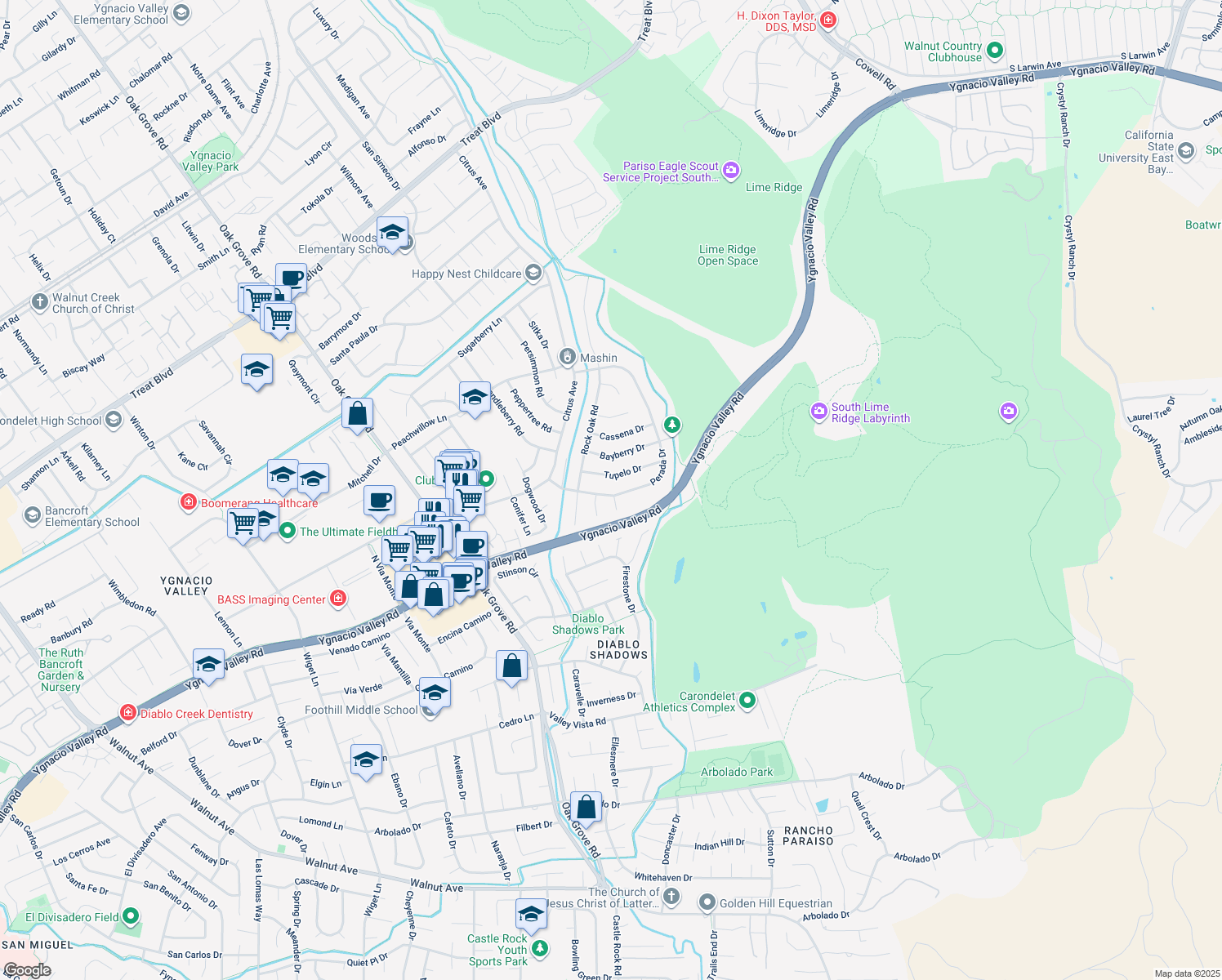 map of restaurants, bars, coffee shops, grocery stores, and more near 3440 Perada Drive in Walnut Creek