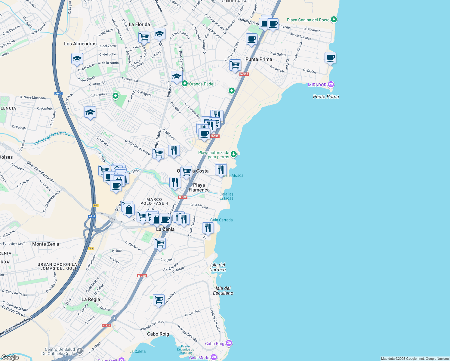 map of restaurants, bars, coffee shops, grocery stores, and more near Paseo de los Tulipanes in Orihuela