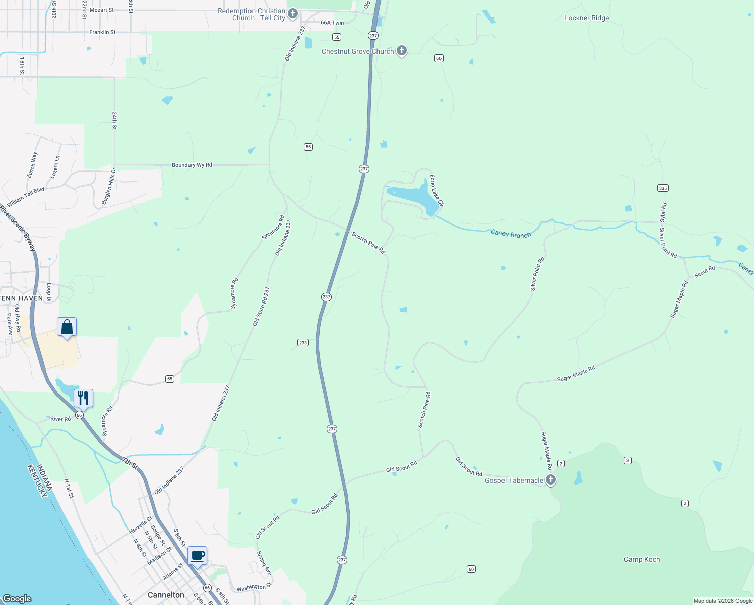 map of restaurants, bars, coffee shops, grocery stores, and more near 6359 Scotch Pine Road in Cannelton