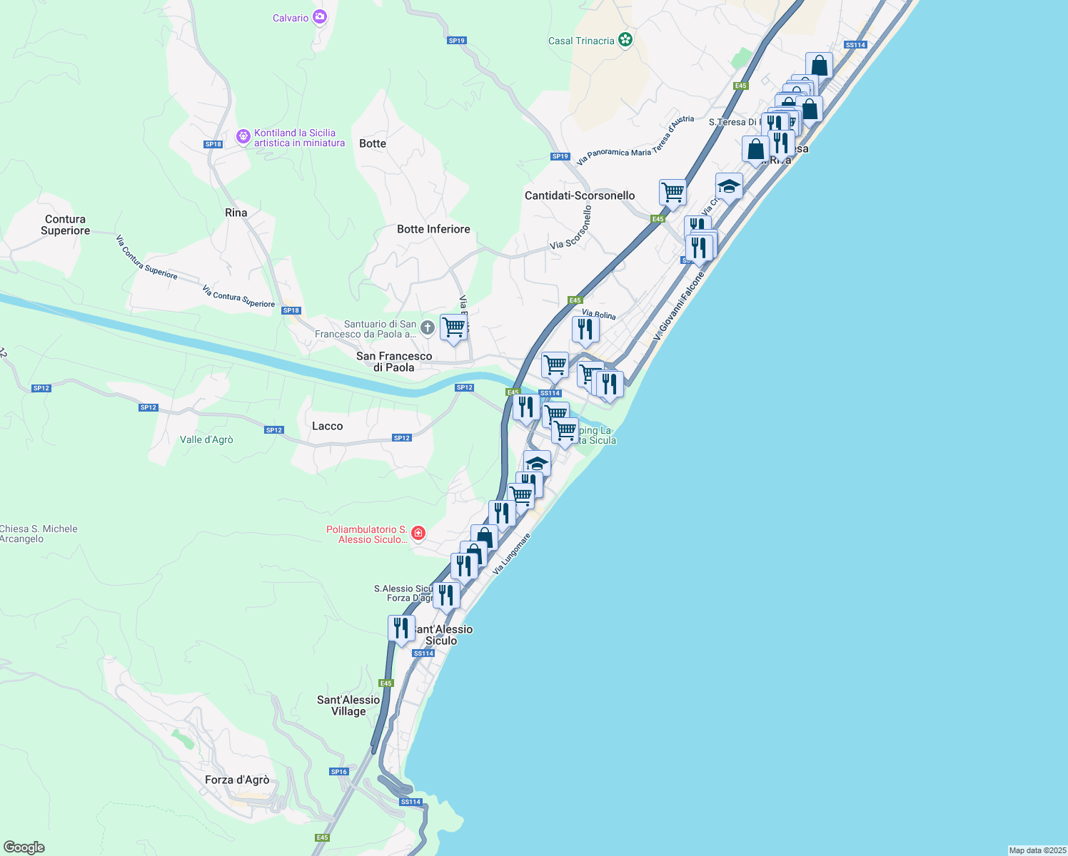 map of restaurants, bars, coffee shops, grocery stores, and more near Via Martineo in Sant'Alessio Siculo