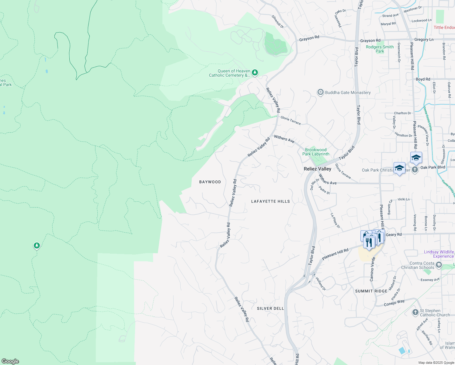 map of restaurants, bars, coffee shops, grocery stores, and more near 1720 Toyon Road in Lafayette