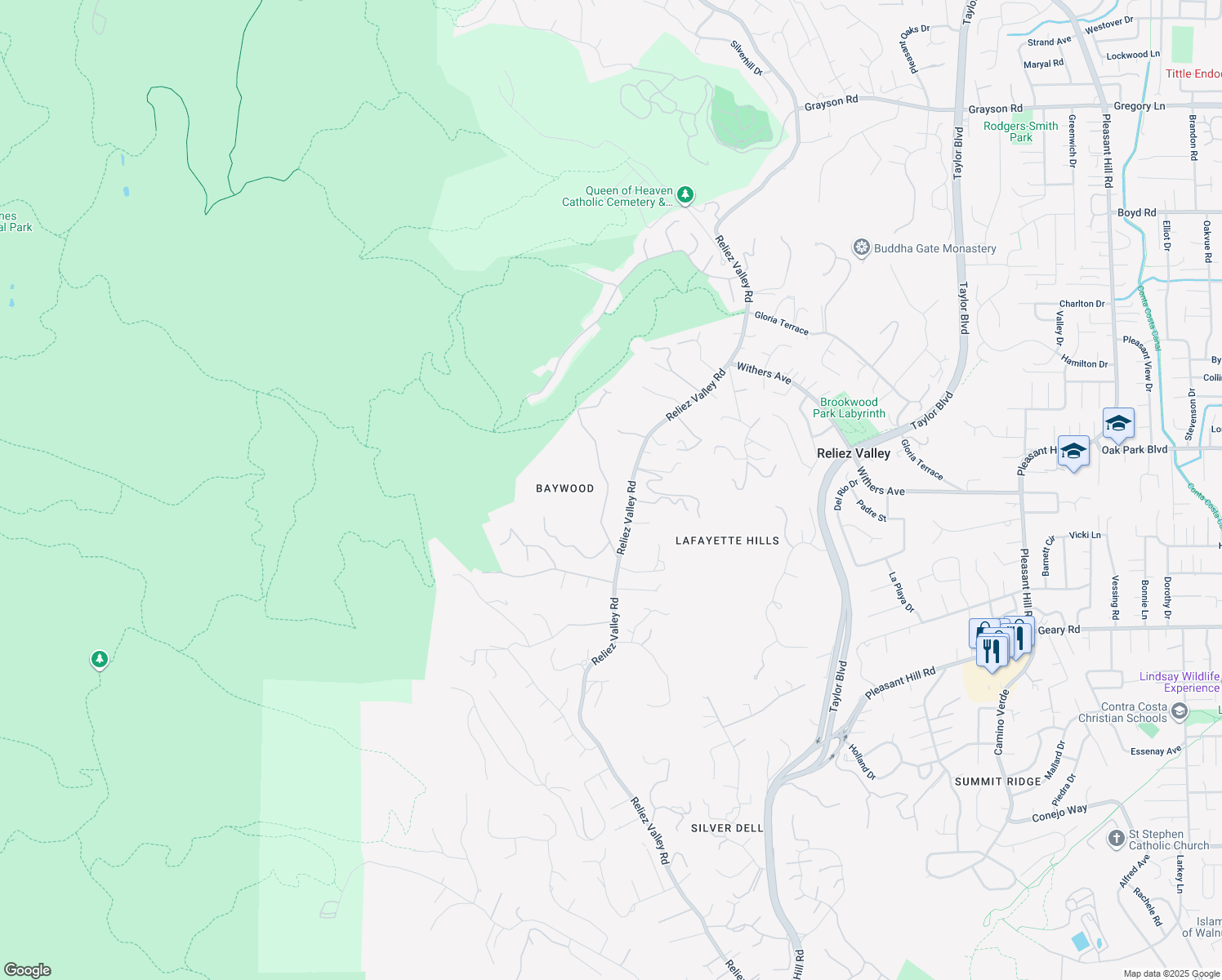 map of restaurants, bars, coffee shops, grocery stores, and more near 1720 Toyon Road in Lafayette