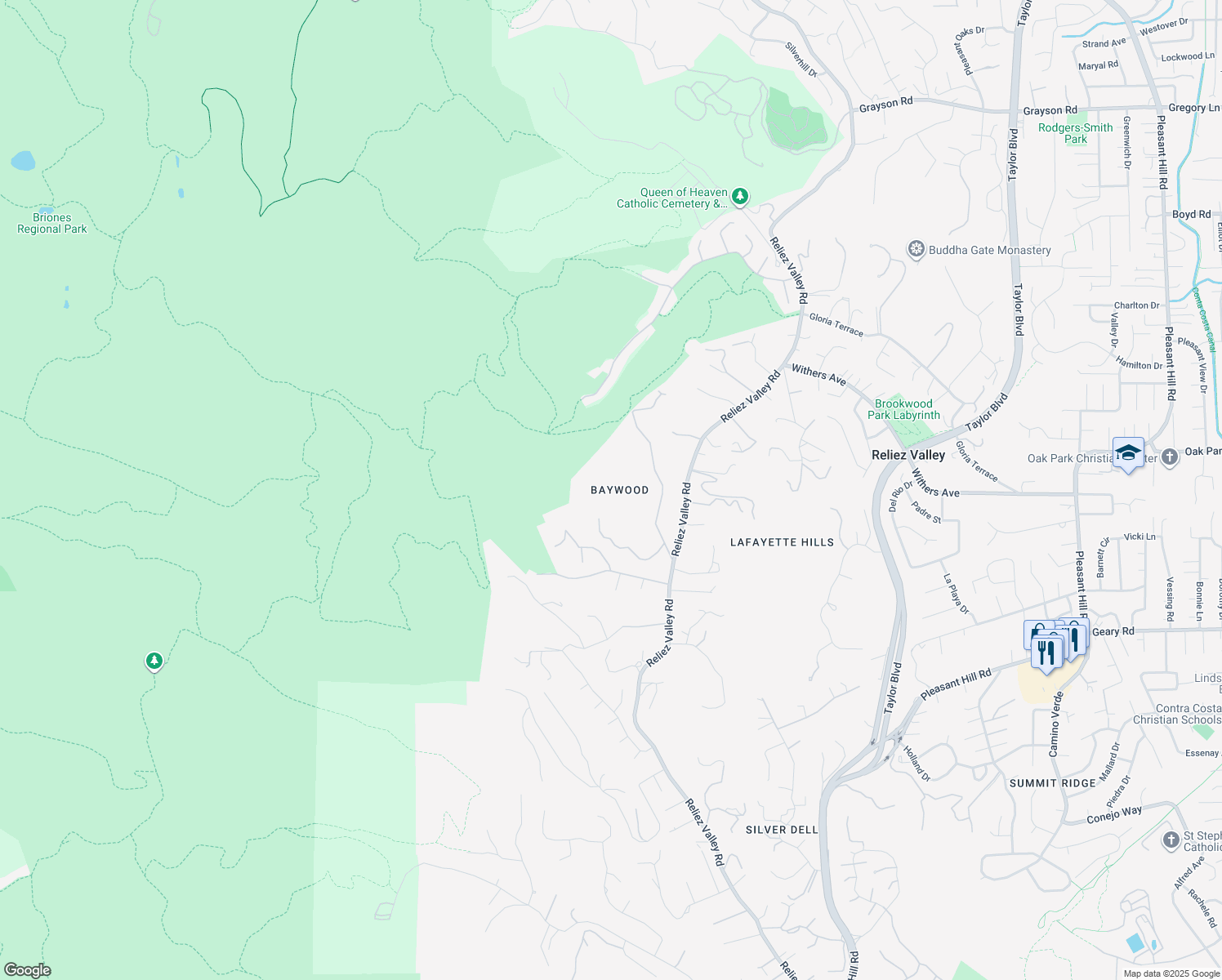 map of restaurants, bars, coffee shops, grocery stores, and more near 1750 Toyon Road in Lafayette