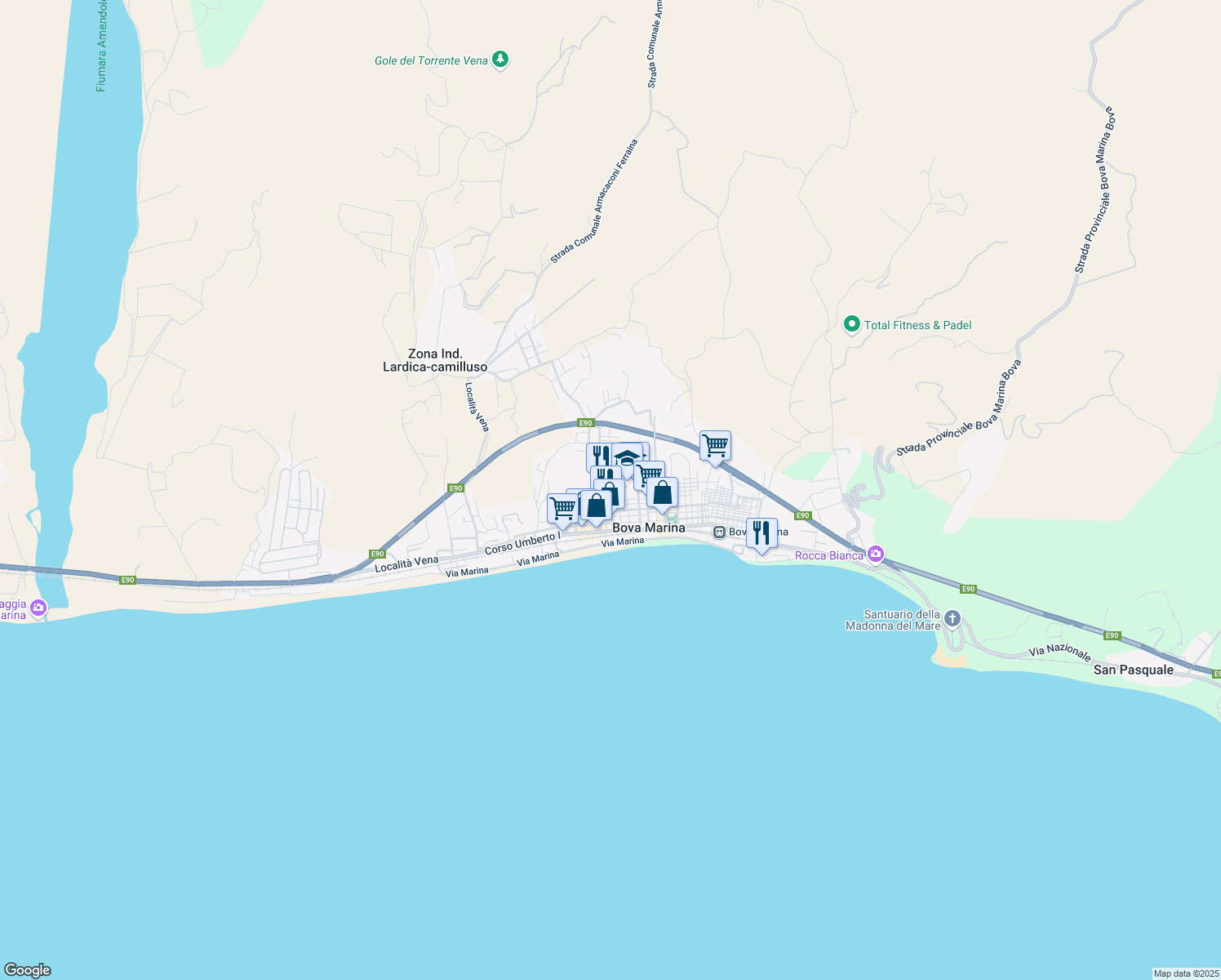 map of restaurants, bars, coffee shops, grocery stores, and more near Via Andrea Dora in Bova Marina