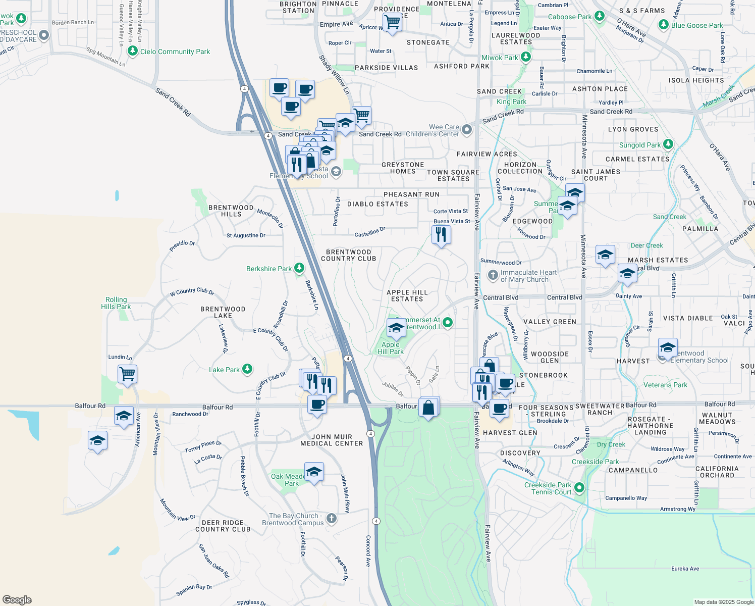 map of restaurants, bars, coffee shops, grocery stores, and more near 483 Apple Hill Drive in Brentwood