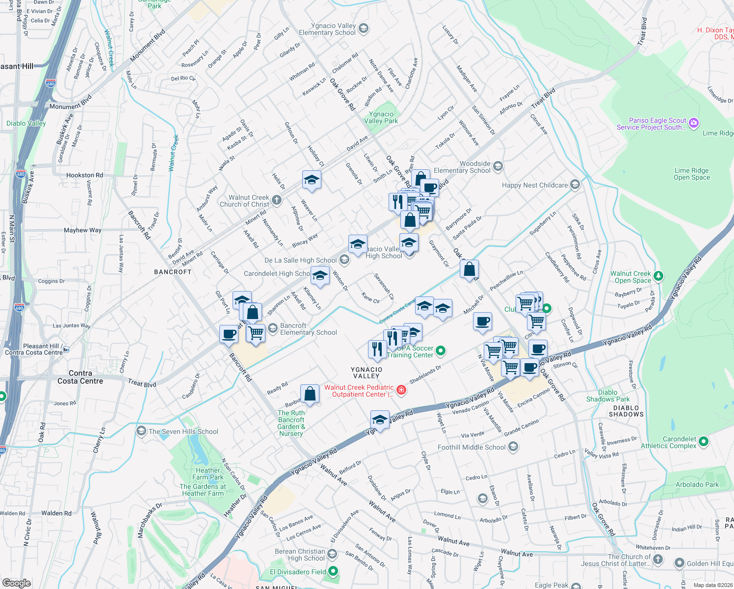map of restaurants, bars, coffee shops, grocery stores, and more near 902 Kane Circle in Walnut Creek
