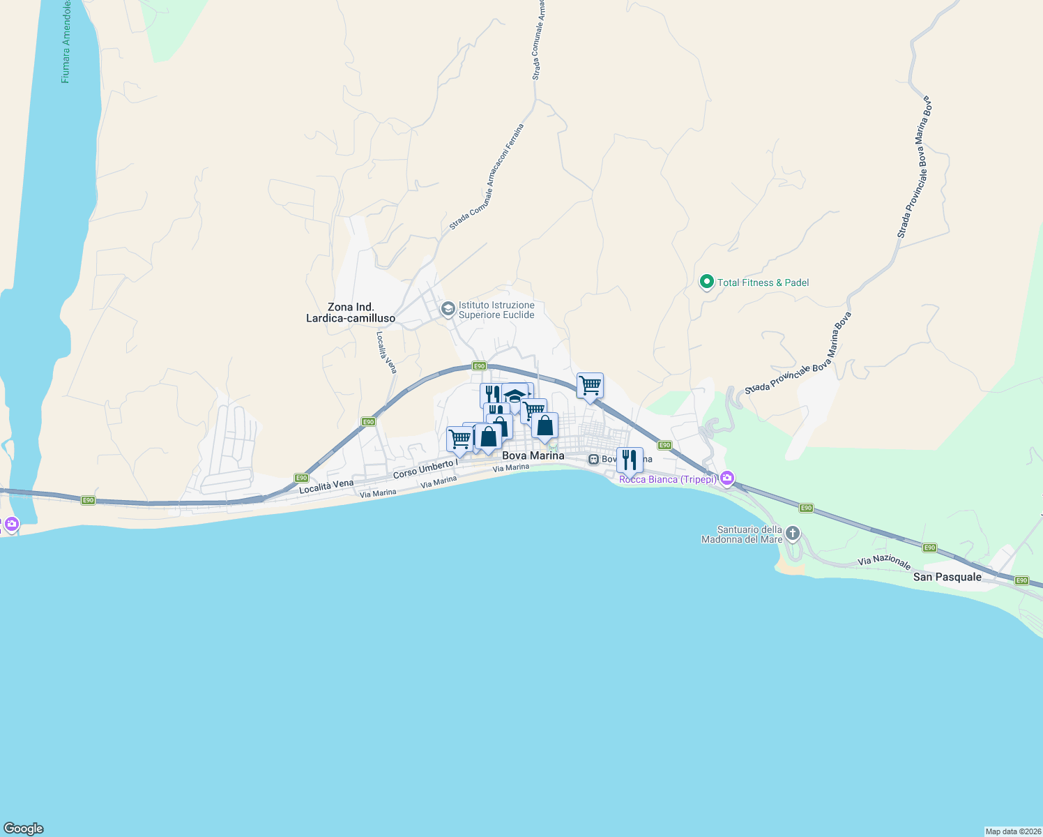 map of restaurants, bars, coffee shops, grocery stores, and more near 23 Via Monte Santo in Bova Marina