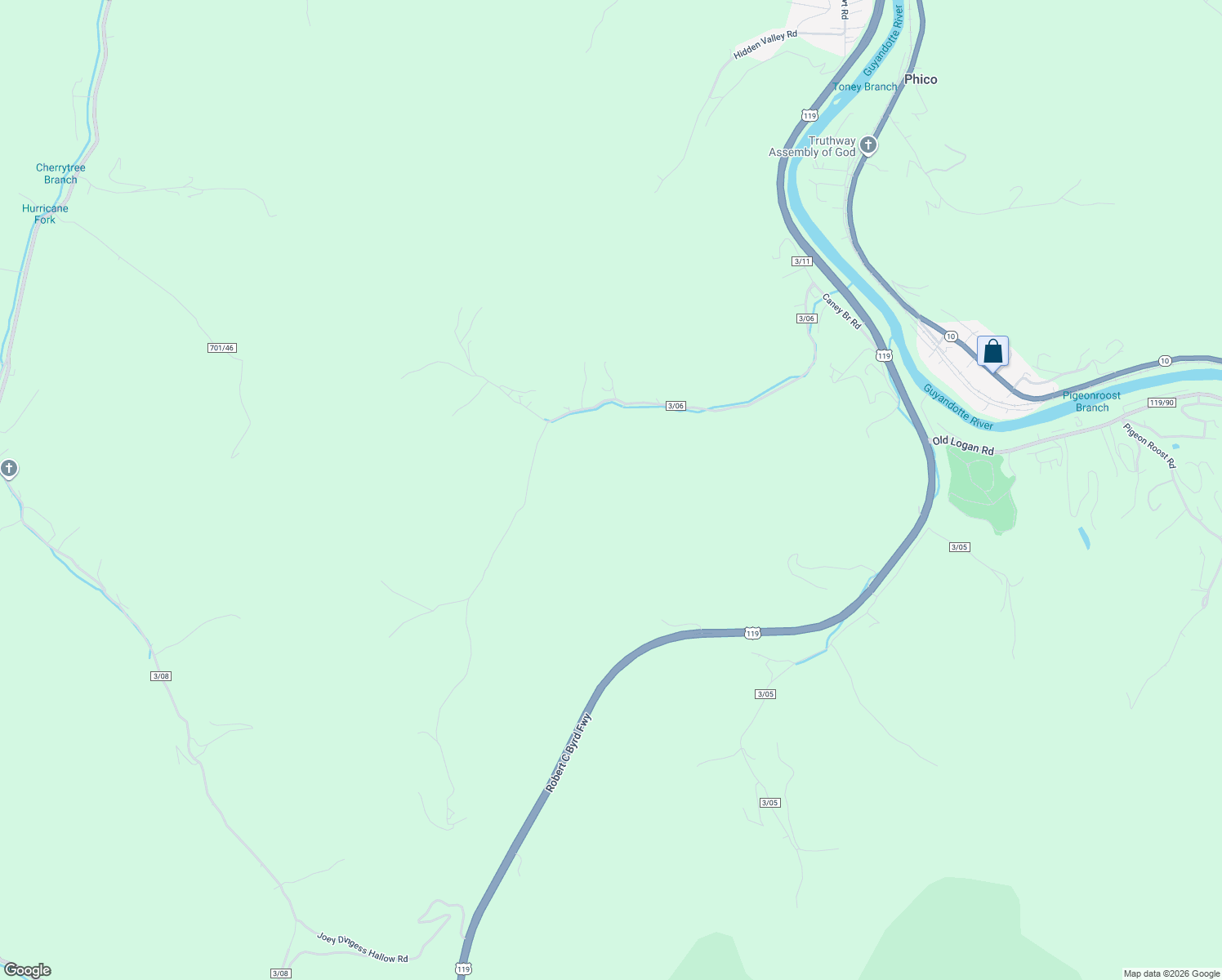 map of restaurants, bars, coffee shops, grocery stores, and more near 11 Cabin Road in Chapmanville