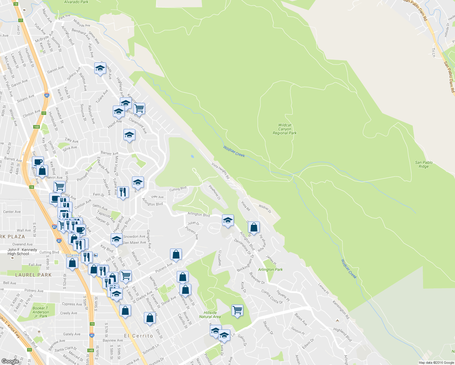 map of restaurants, bars, coffee shops, grocery stores, and more near 633-705 Vista Heights Rd in El Cerrito