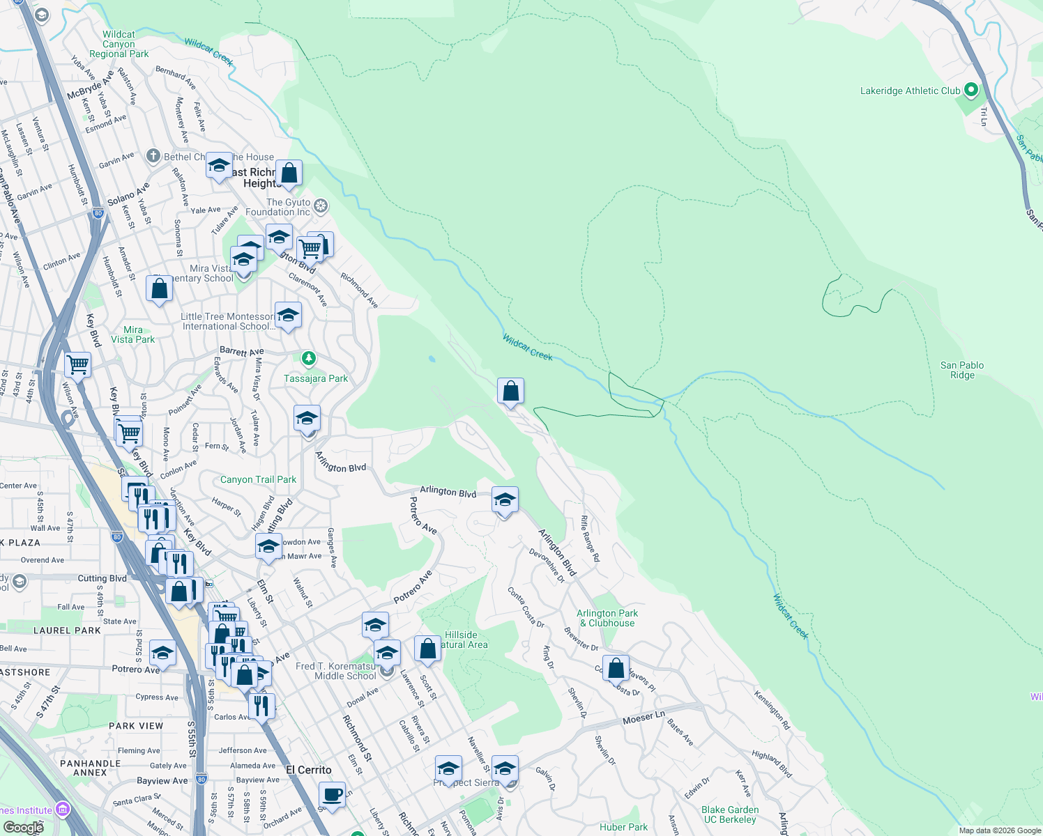 map of restaurants, bars, coffee shops, grocery stores, and more near 705 Vista Heights Road in El Cerrito