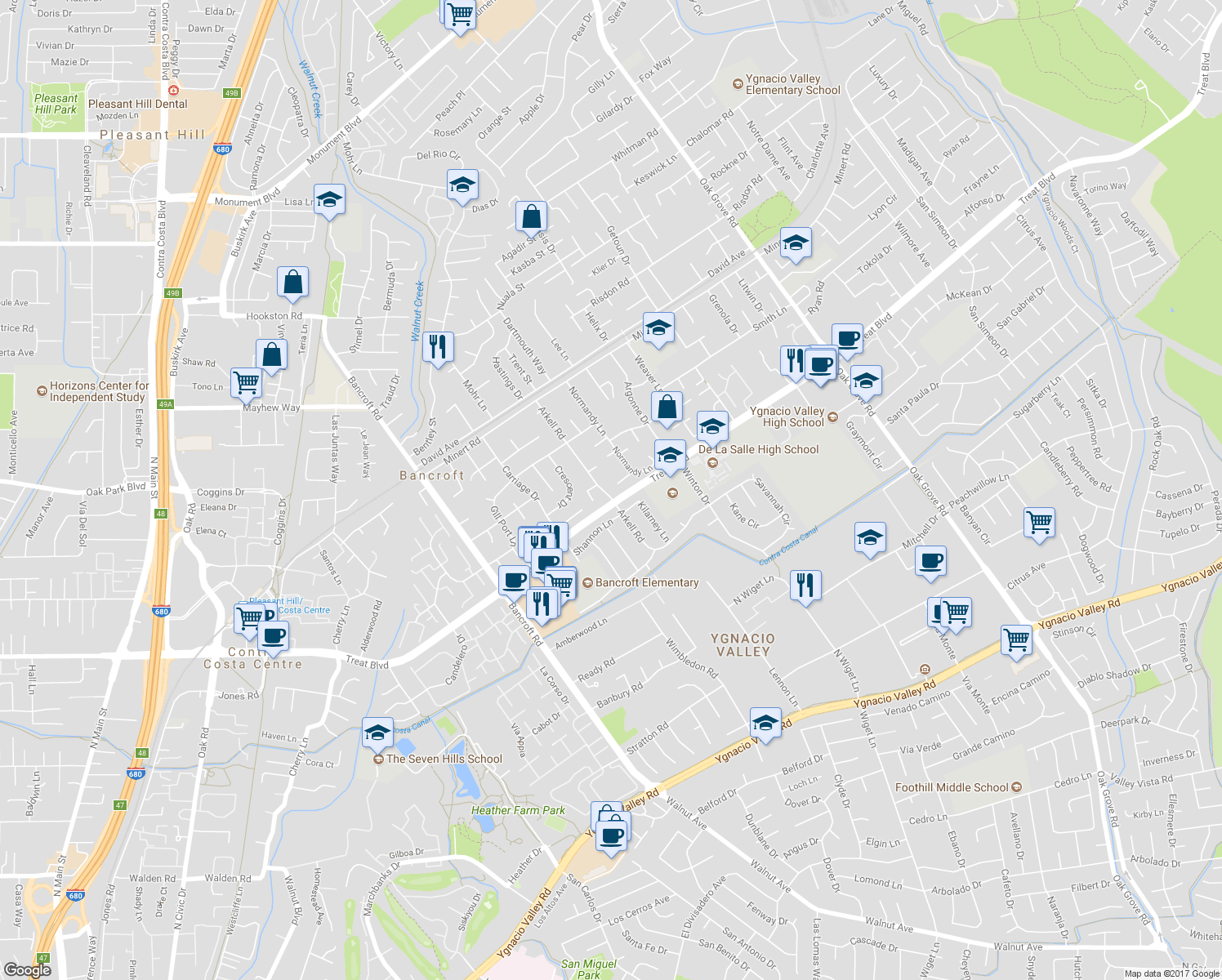 map of restaurants, bars, coffee shops, grocery stores, and more near 1520 Arkell Road in Walnut Creek