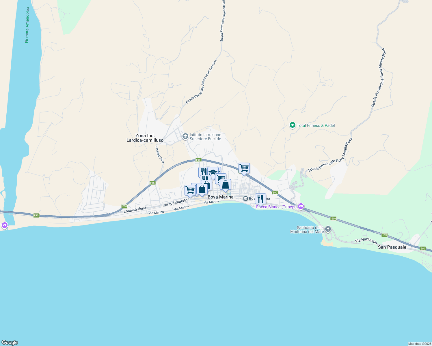 map of restaurants, bars, coffee shops, grocery stores, and more near 23 Via Monte Santo in Bova Marina
