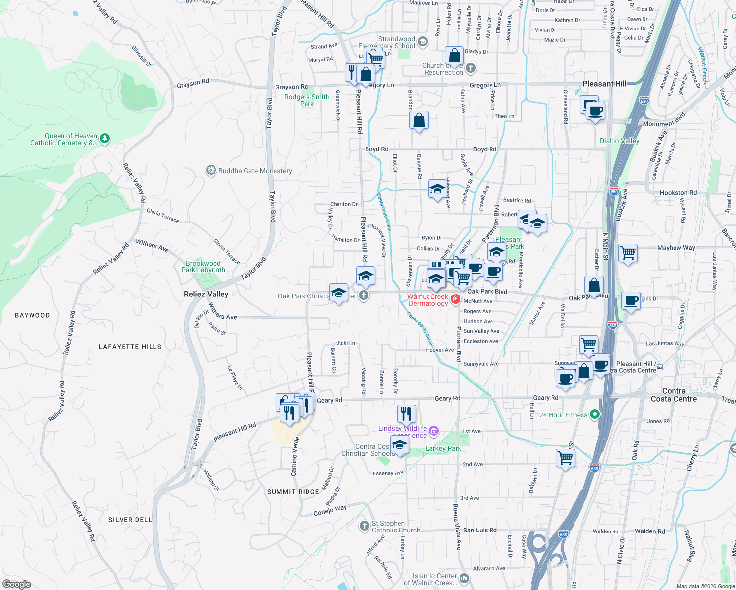 map of restaurants, bars, coffee shops, grocery stores, and more near 2057 Oak Park Boulevard in Pleasant Hill