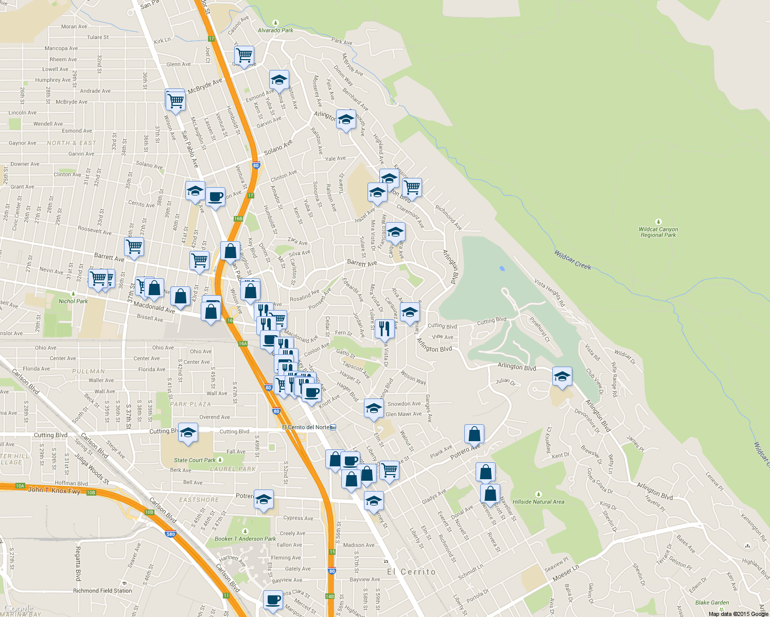 map of restaurants, bars, coffee shops, grocery stores, and more near 2412 Mira Vista Drive in El Cerrito