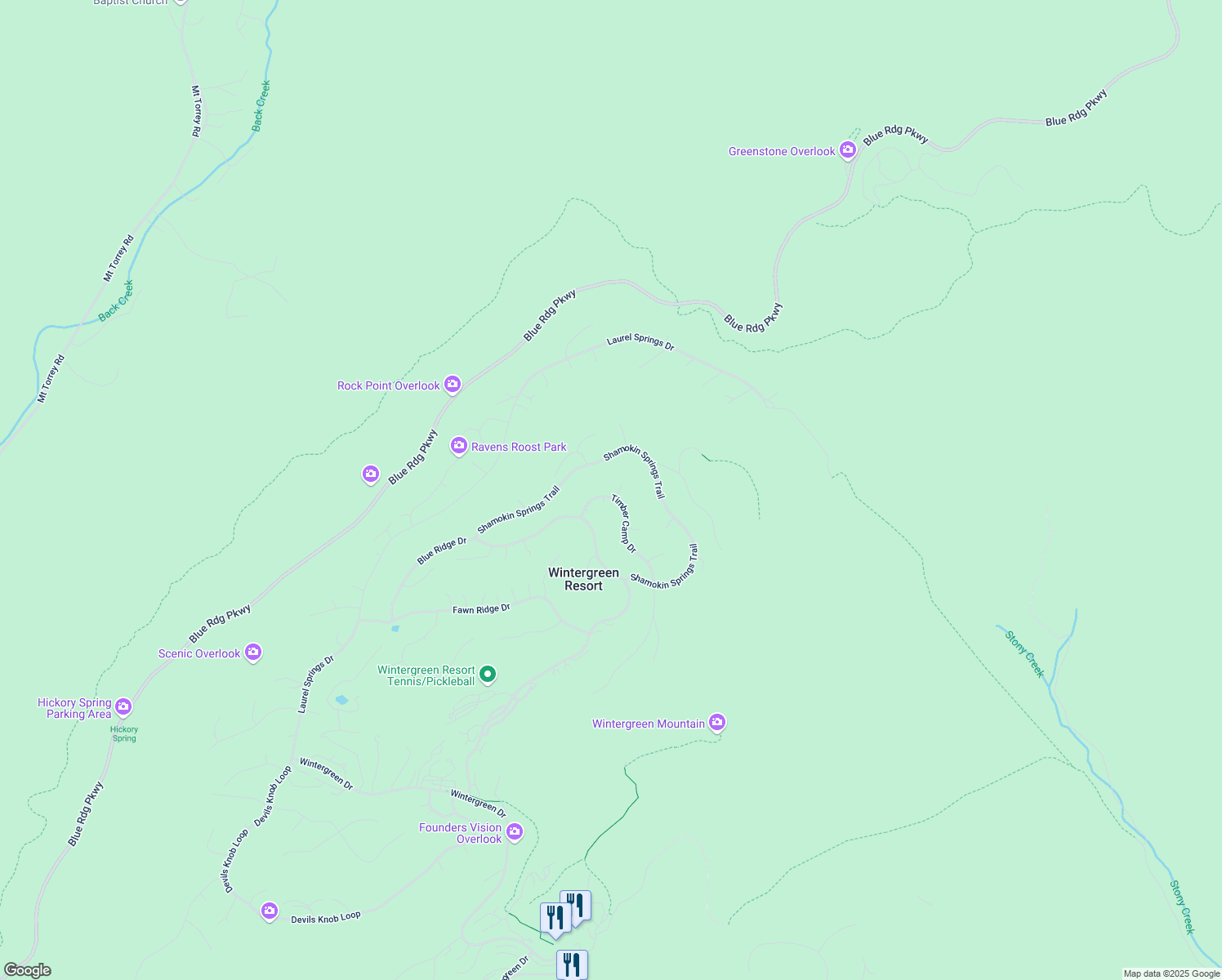 map of restaurants, bars, coffee shops, grocery stores, and more near 25 Peavy Point in Wintergreen Resort