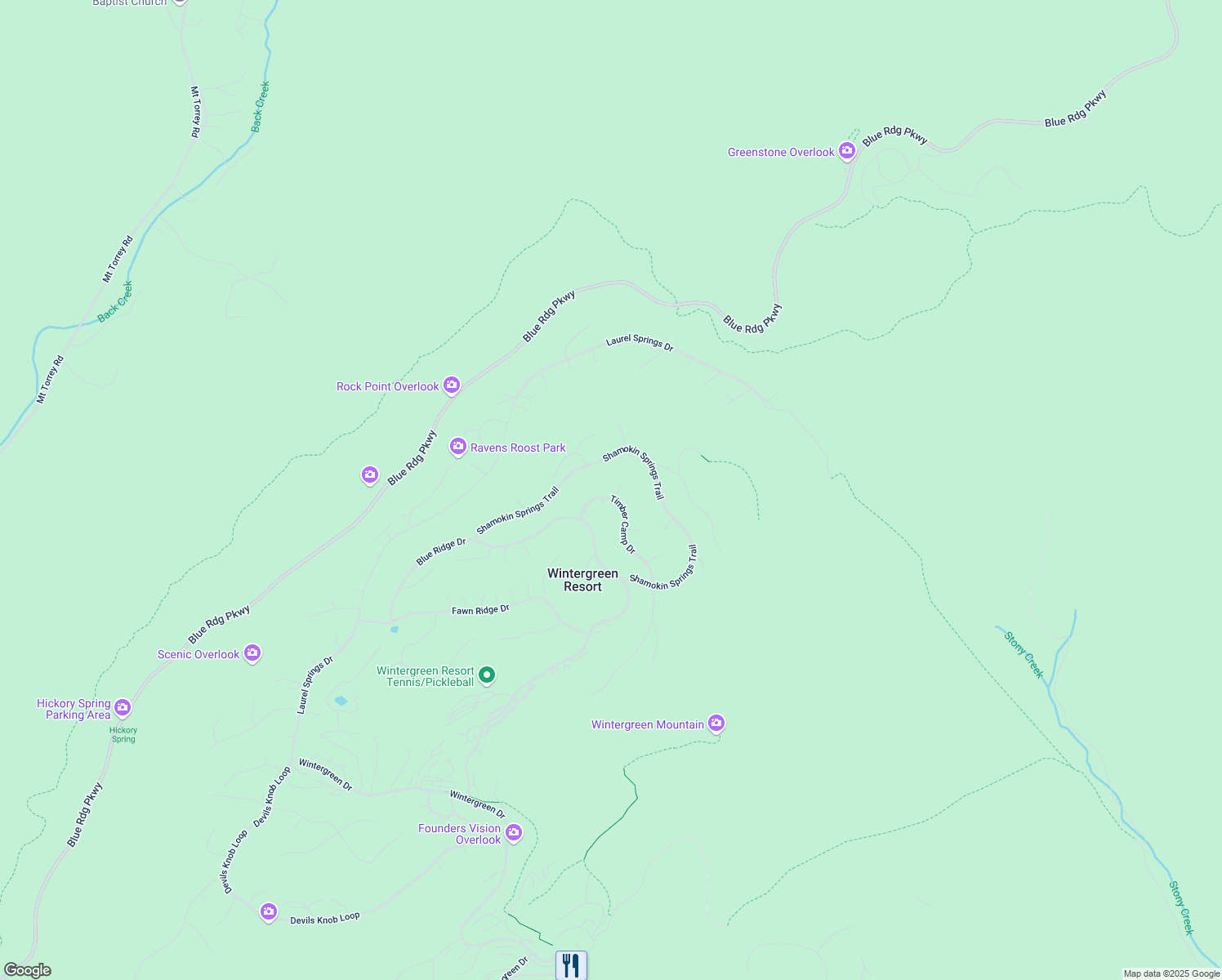 map of restaurants, bars, coffee shops, grocery stores, and more near 25 Peavy Point in Wintergreen Resort
