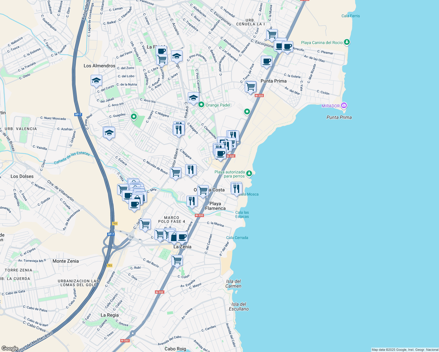 map of restaurants, bars, coffee shops, grocery stores, and more near P Flamenca Golf in Alicante