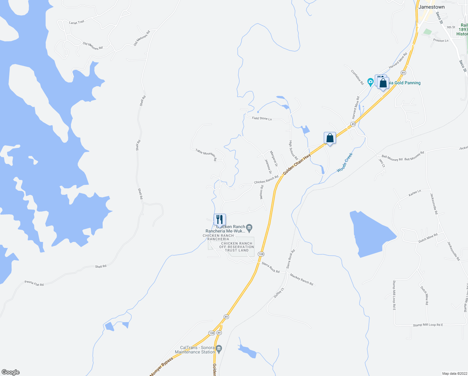 map of restaurants, bars, coffee shops, grocery stores, and more near 17141 Table Mountain Road in Jamestown