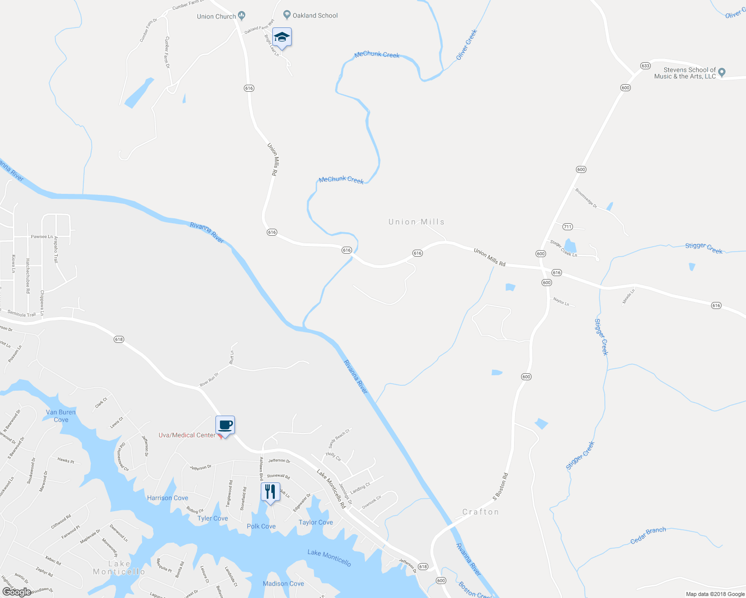 map of restaurants, bars, coffee shops, grocery stores, and more near Two Rivers Drive in Troy