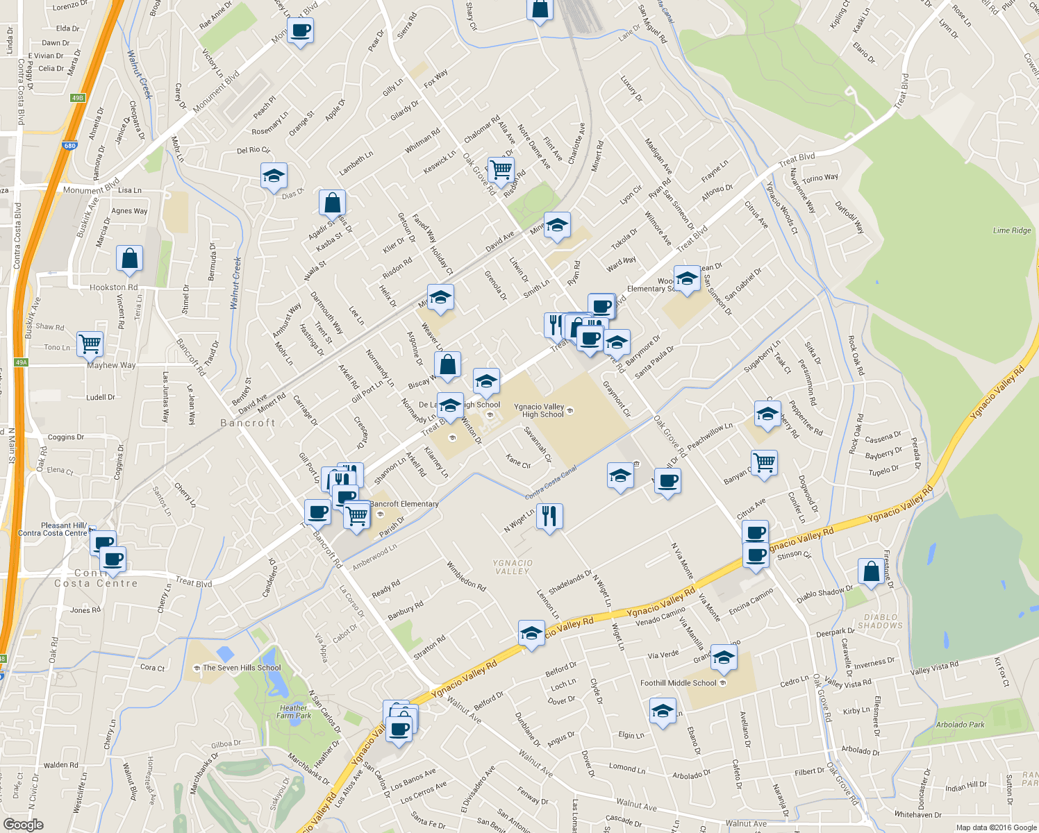 map of restaurants, bars, coffee shops, grocery stores, and more near 919 Savannah Circle in Walnut Creek