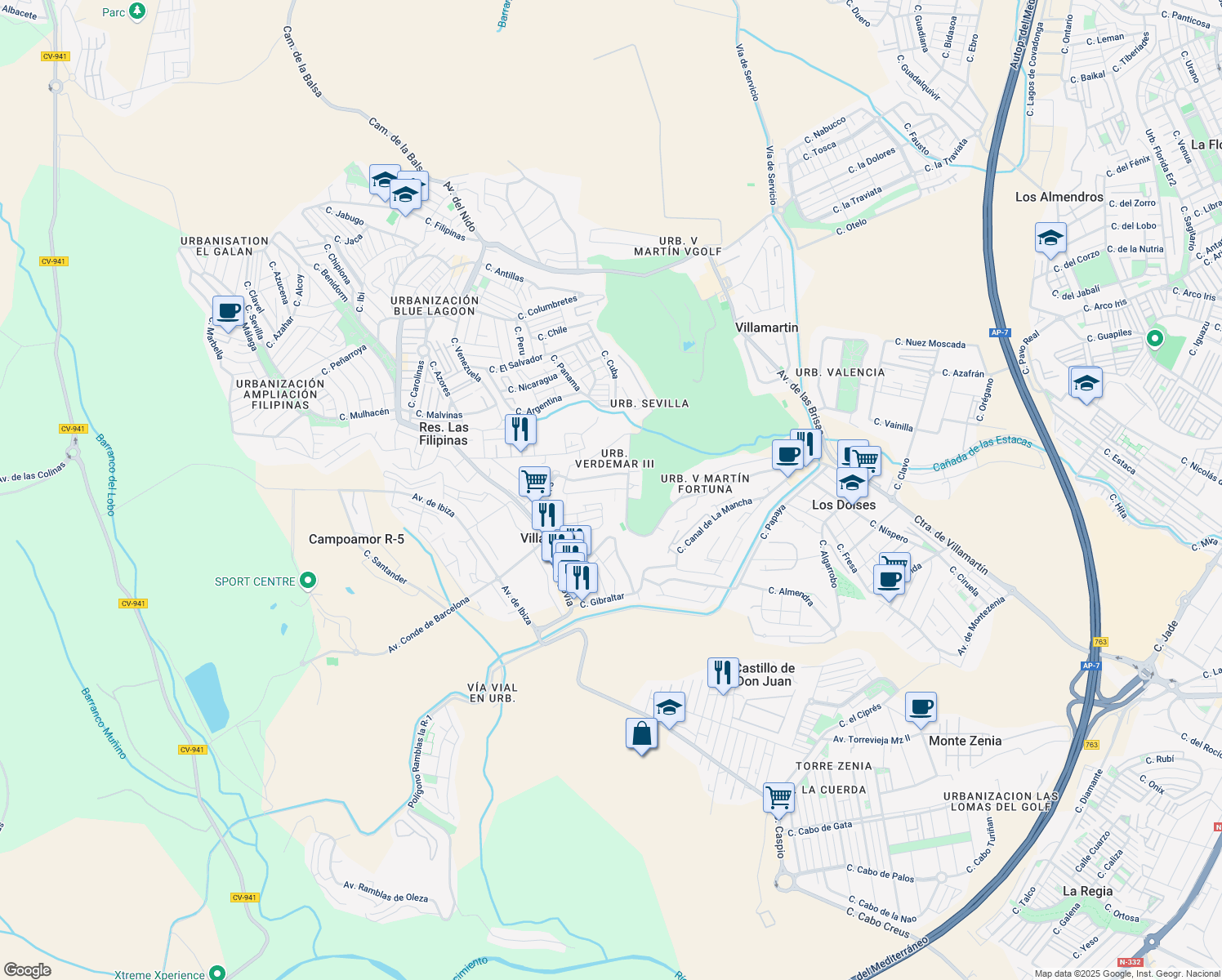 map of restaurants, bars, coffee shops, grocery stores, and more near 5 Calle Pablo Casals in Orihuela