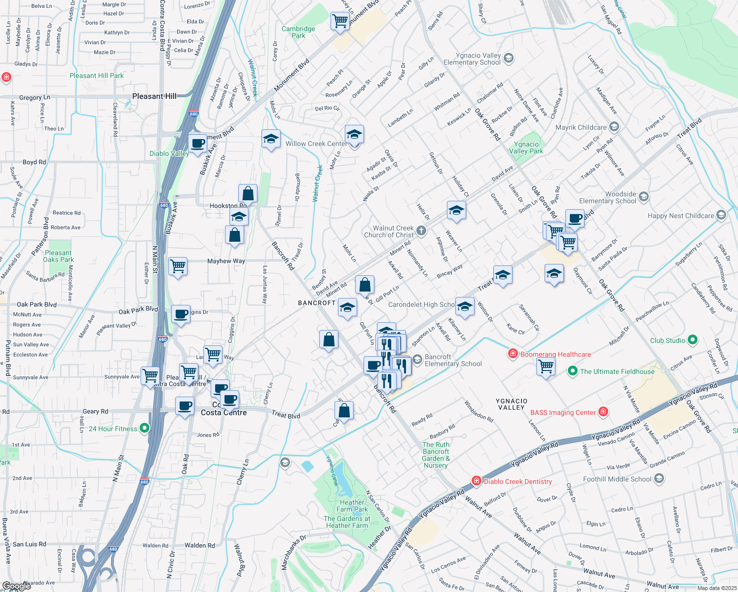 map of restaurants, bars, coffee shops, grocery stores, and more near 1856 Carriage Drive in Walnut Creek