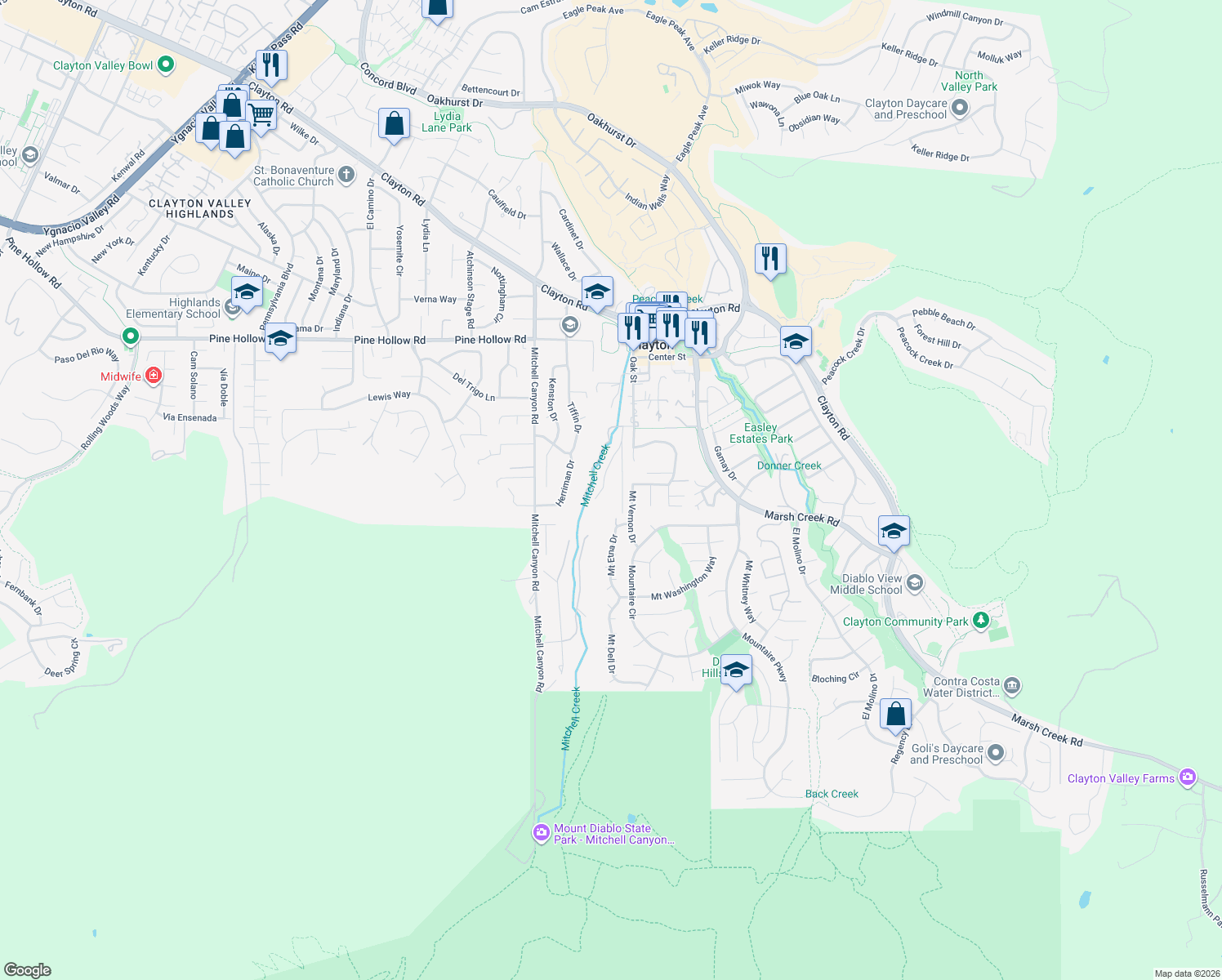 map of restaurants, bars, coffee shops, grocery stores, and more near 944 Douglas Court in Clayton