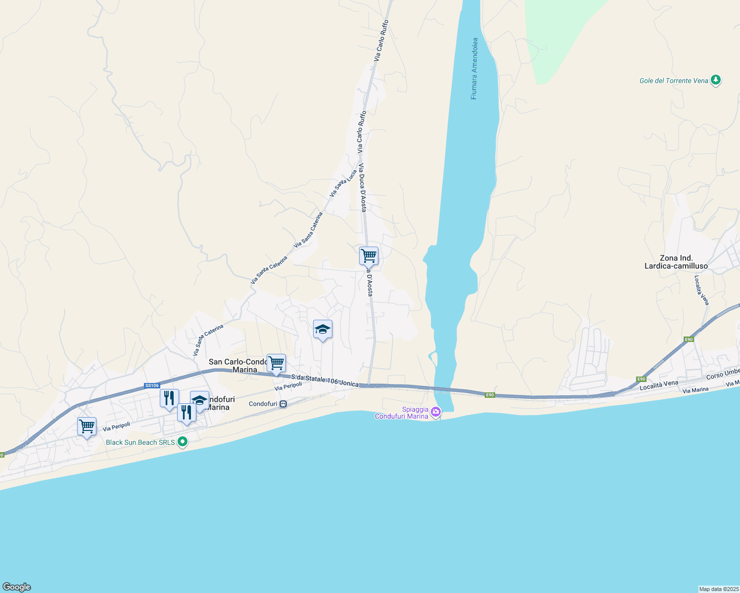 map of restaurants, bars, coffee shops, grocery stores, and more near 61 Via Duca D'Aosta in San Carlo-Condofuri Marina