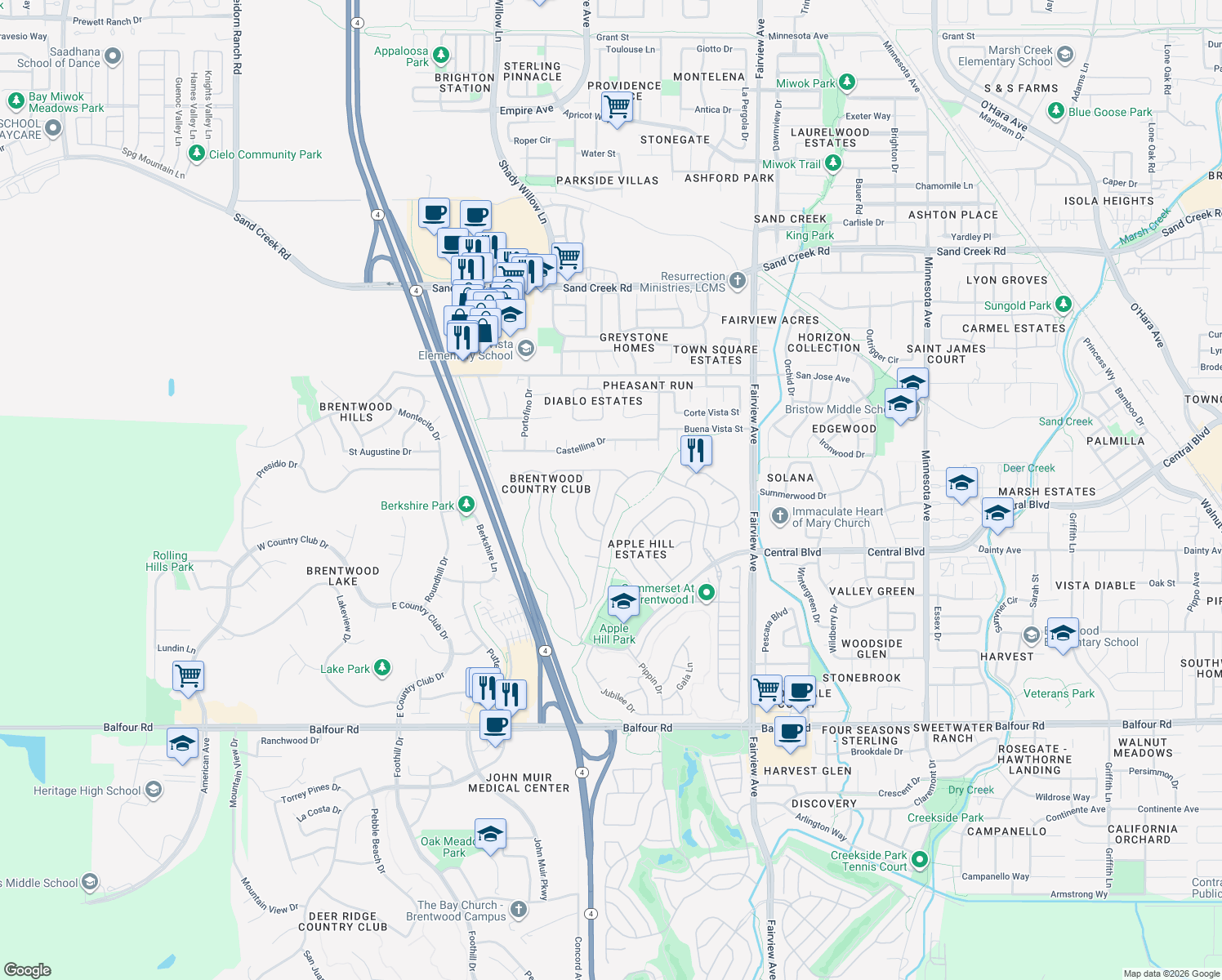 map of restaurants, bars, coffee shops, grocery stores, and more near 641 Apple Hill Dr in Brentwood
