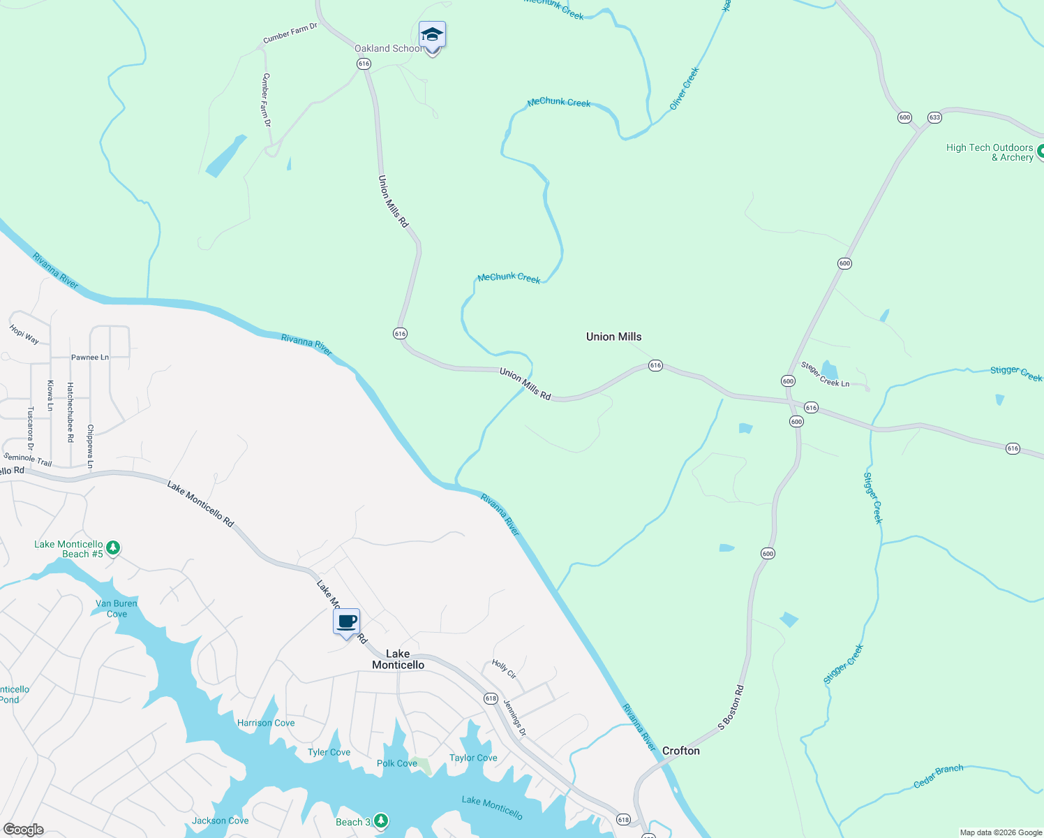 map of restaurants, bars, coffee shops, grocery stores, and more near Two Rivers Drive in Troy