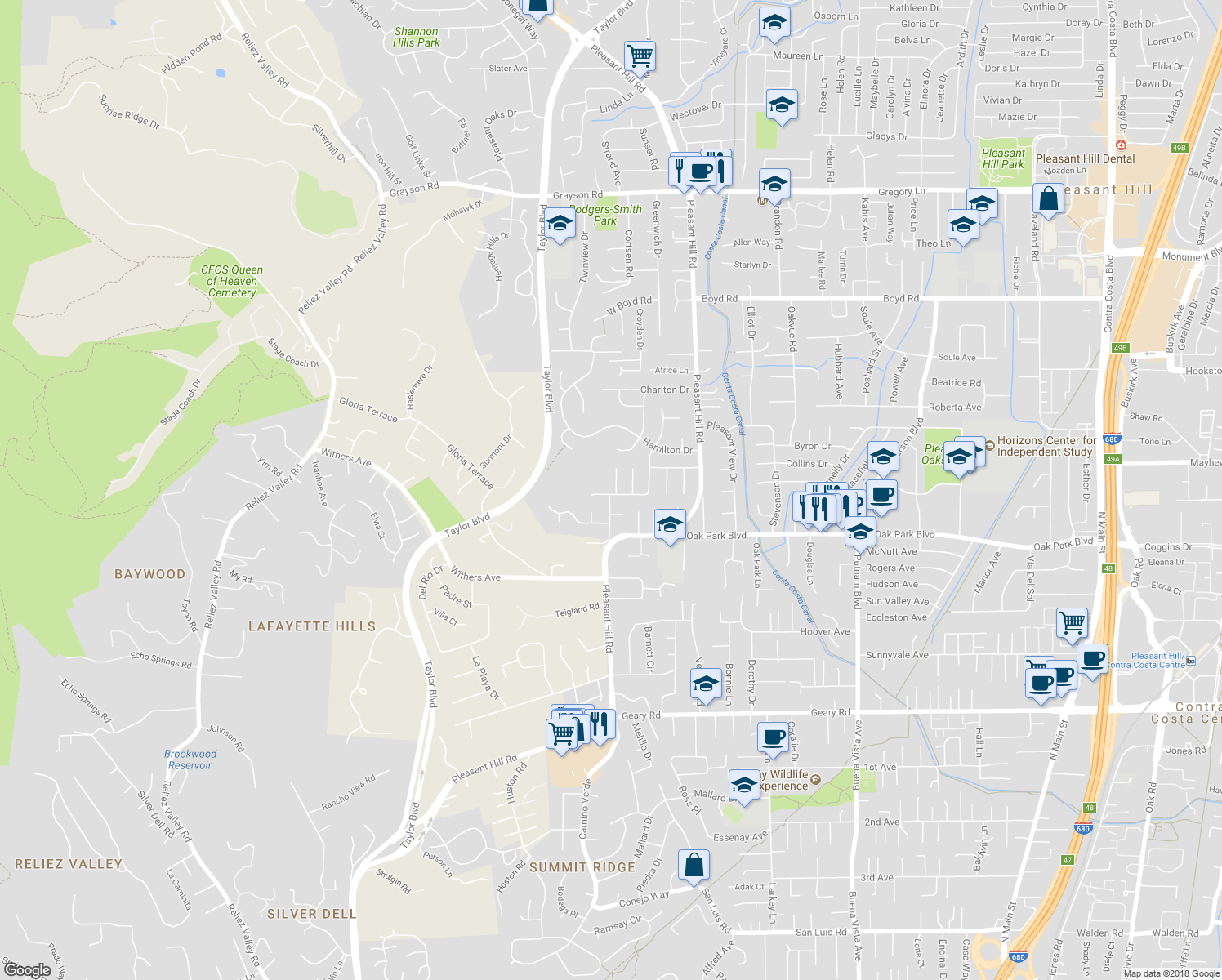 map of restaurants, bars, coffee shops, grocery stores, and more near 848 Cumberland Drive in Pleasant Hill