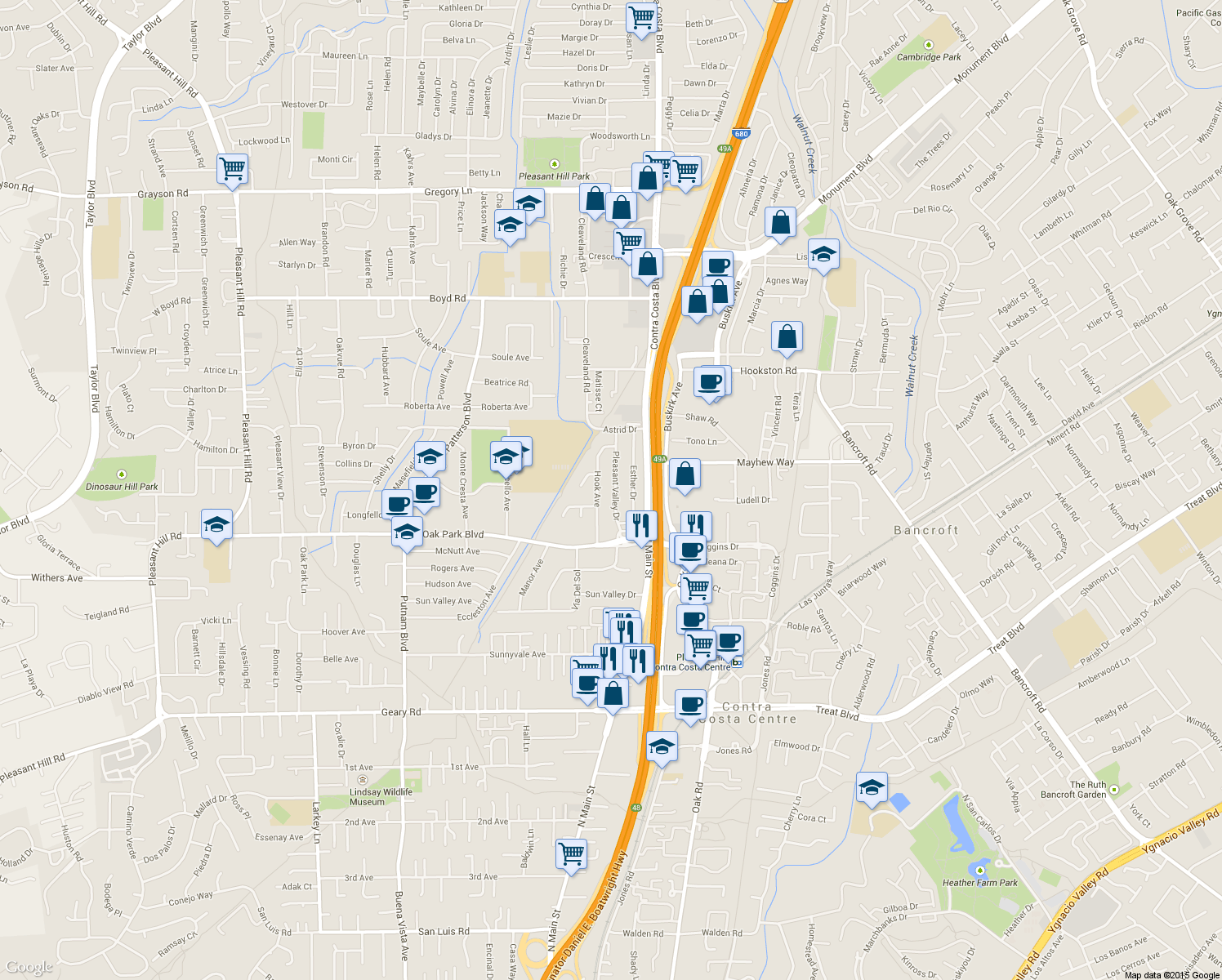 map of restaurants, bars, coffee shops, grocery stores, and more near 1024 Pleasant Valley Drive in Pleasant Hill