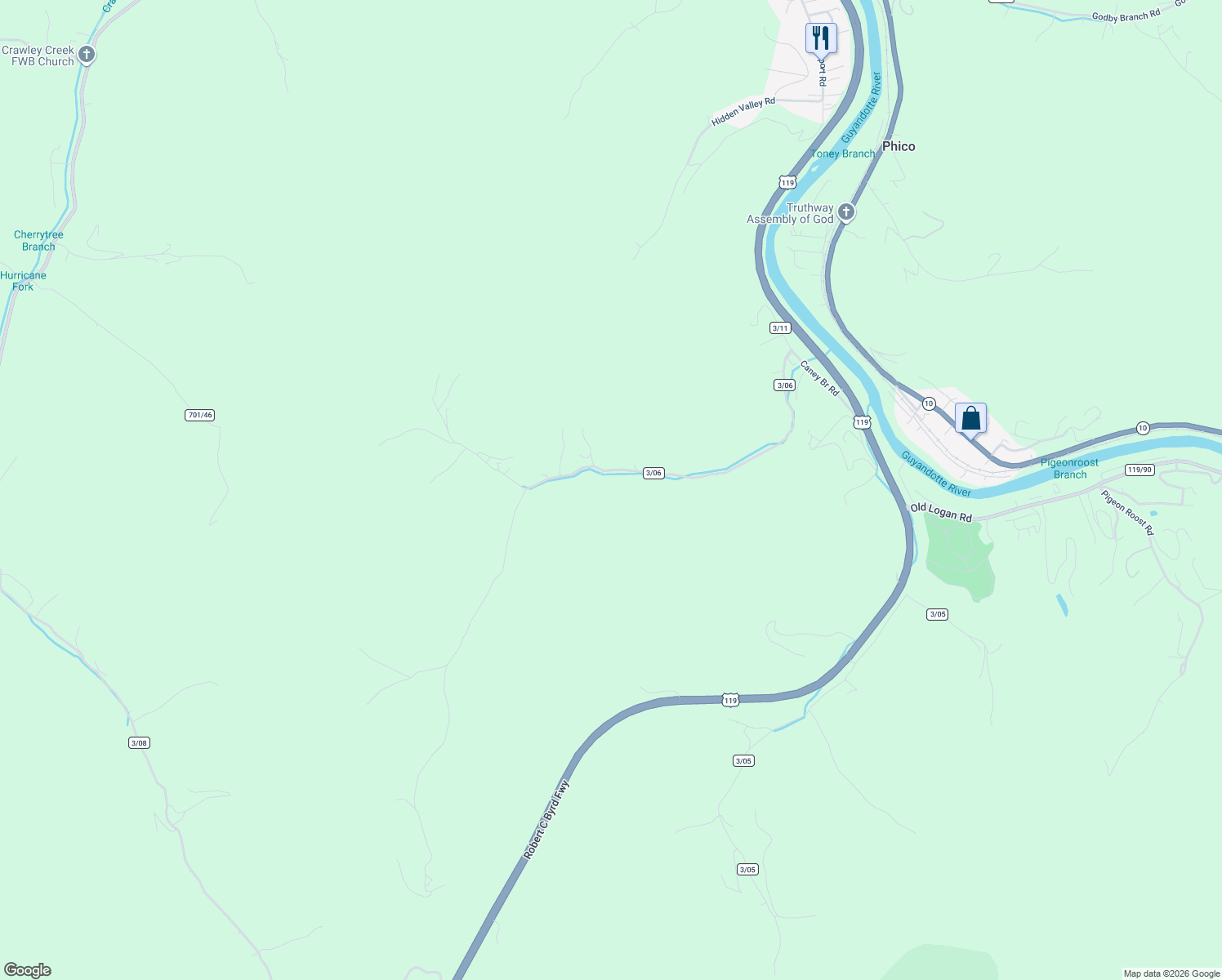 map of restaurants, bars, coffee shops, grocery stores, and more near 146 Caney Branch Road in Chapmanville