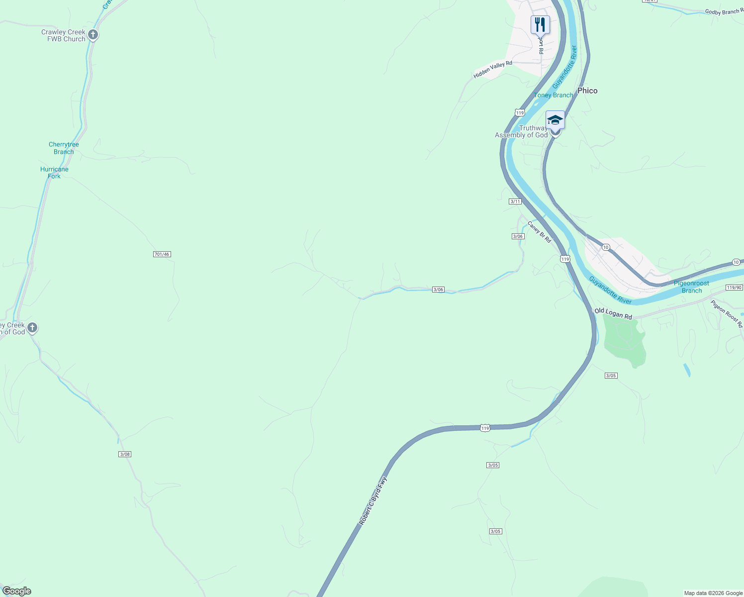 map of restaurants, bars, coffee shops, grocery stores, and more near 11 Cabin Road in Chapmanville