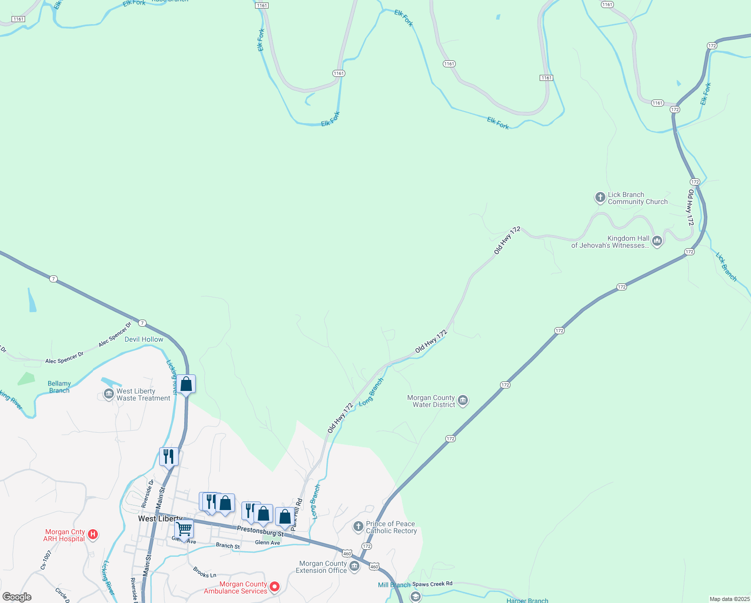 map of restaurants, bars, coffee shops, grocery stores, and more near 933 Old Highway 172 in West Liberty