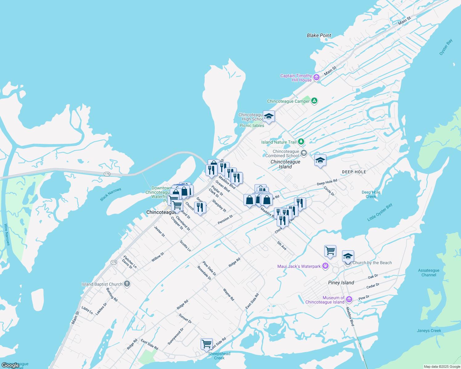 map of restaurants, bars, coffee shops, grocery stores, and more near 6189 Maddox Boulevard in Chincoteague Island