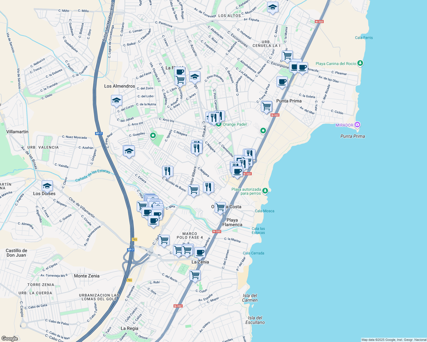 map of restaurants, bars, coffee shops, grocery stores, and more near 1 Lg P Flamenca Golf in Alicante