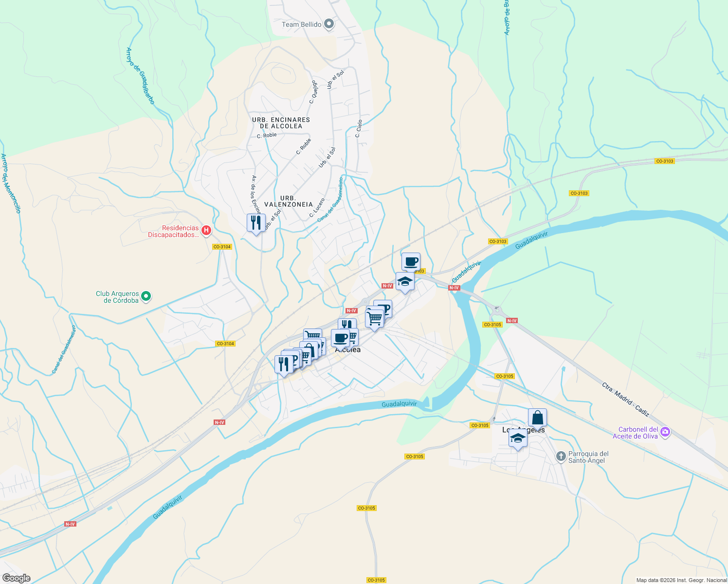 map of restaurants, bars, coffee shops, grocery stores, and more near 4 Extrarradio Valenzoneja, Cortijo in Córdoba