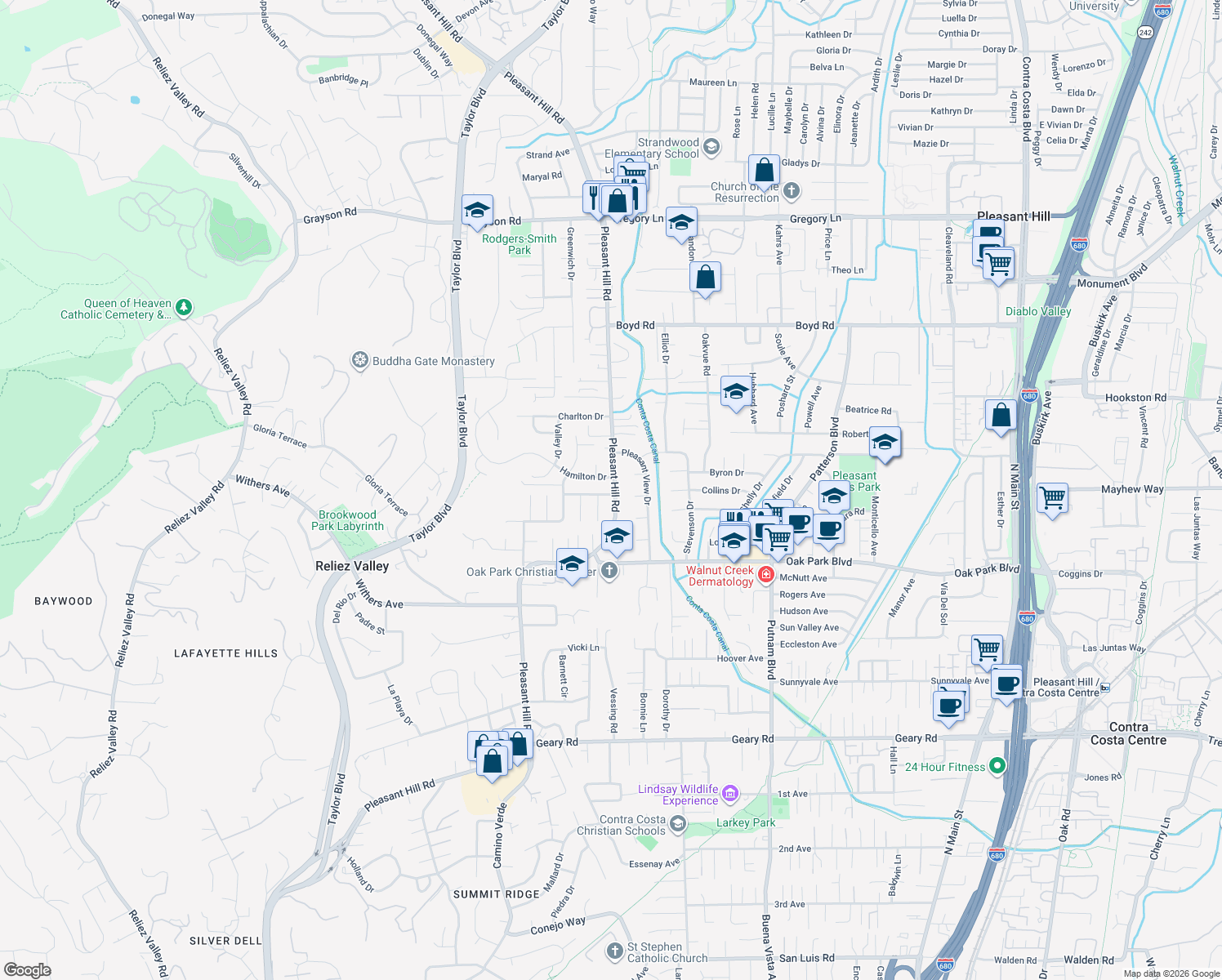 map of restaurants, bars, coffee shops, grocery stores, and more near 700 Cumberland Dr in Pleasant Hill