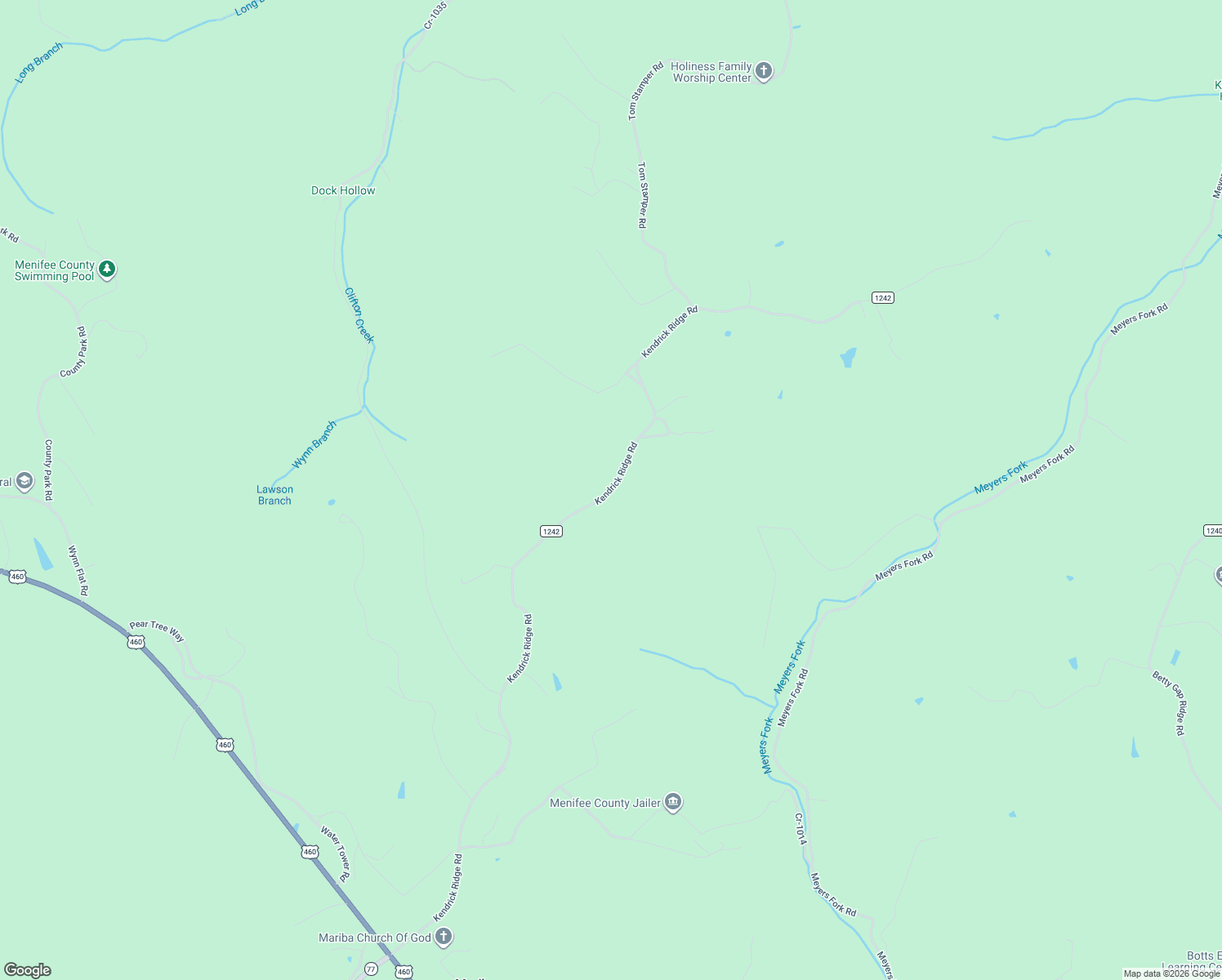 map of restaurants, bars, coffee shops, grocery stores, and more near County Road 1242 in Menifee County