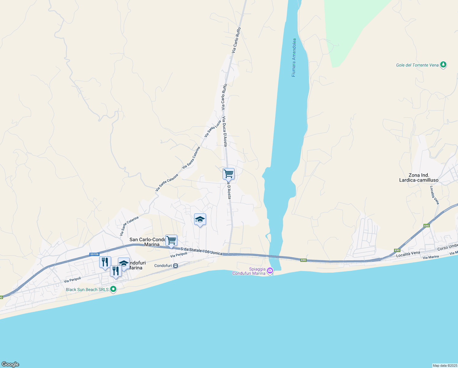 map of restaurants, bars, coffee shops, grocery stores, and more near 61 Via Duca D'Aosta in San Carlo-condofuri Marina