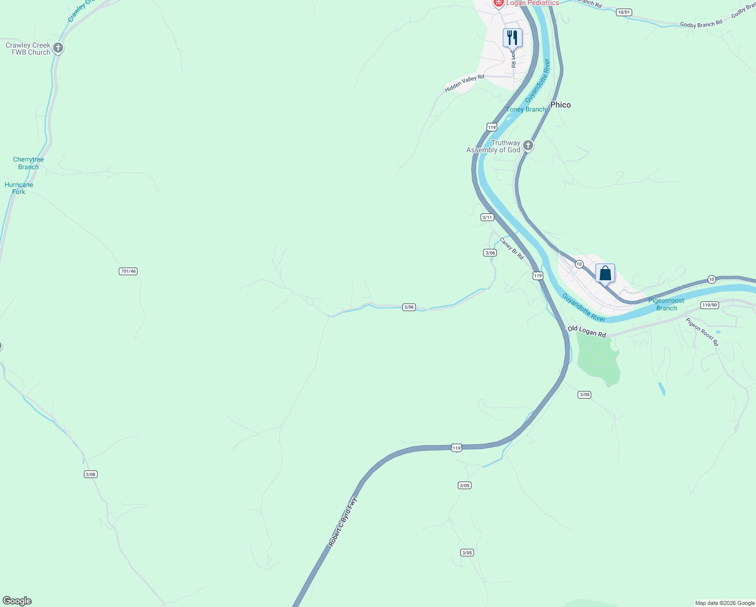 map of restaurants, bars, coffee shops, grocery stores, and more near 146 Caney Branch Road in Chapmanville